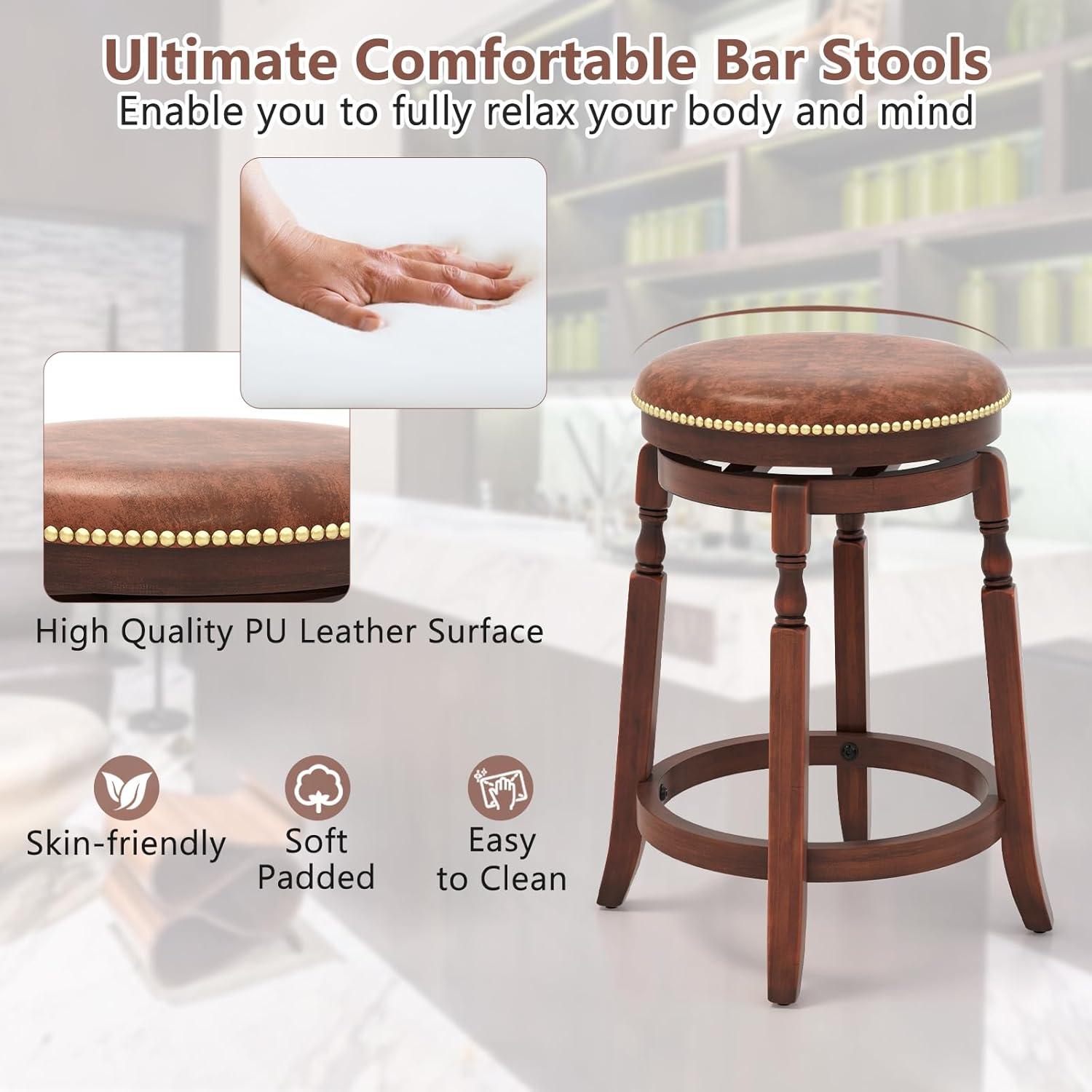 Kadyn Bar Stools, Barstools, Counter Stools, Island Stools, Bar Chairs,24 Inch Swivel Bar Stool Set of 2 with Upholstered Seat and Rubber Wood Frame-24 inches
