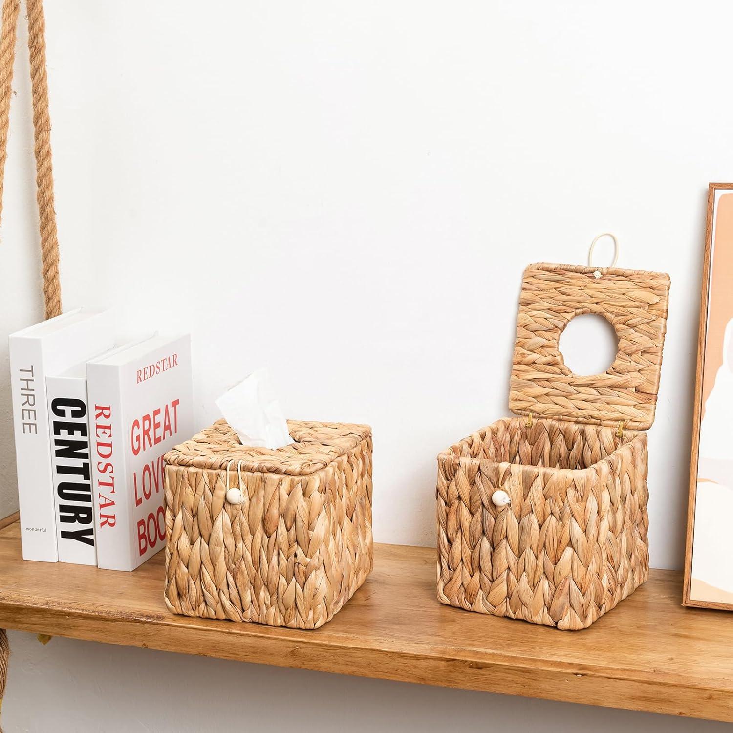 PINXIURY Water Hyacinth Handwoven Tissue Box Cover, Natural Handmade Wicker Napkin Box Holder, Handcrafted Square Facial Tissue, Rustic Decorative on Table and Bathroom, Office, Boho Decorative