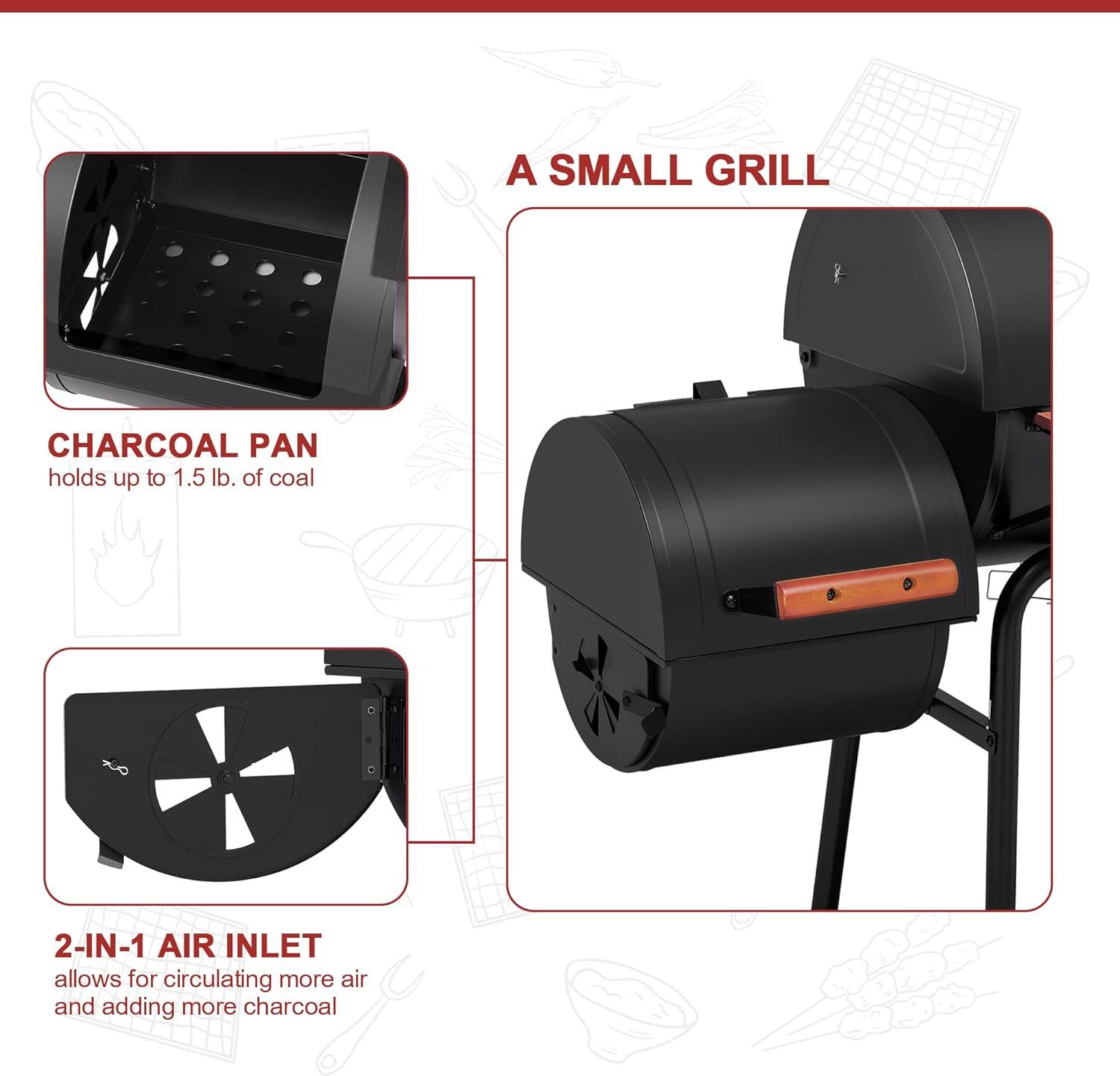 Royal Gourmet 30" Barrel Charcoal Grill with Smoker and Side Table