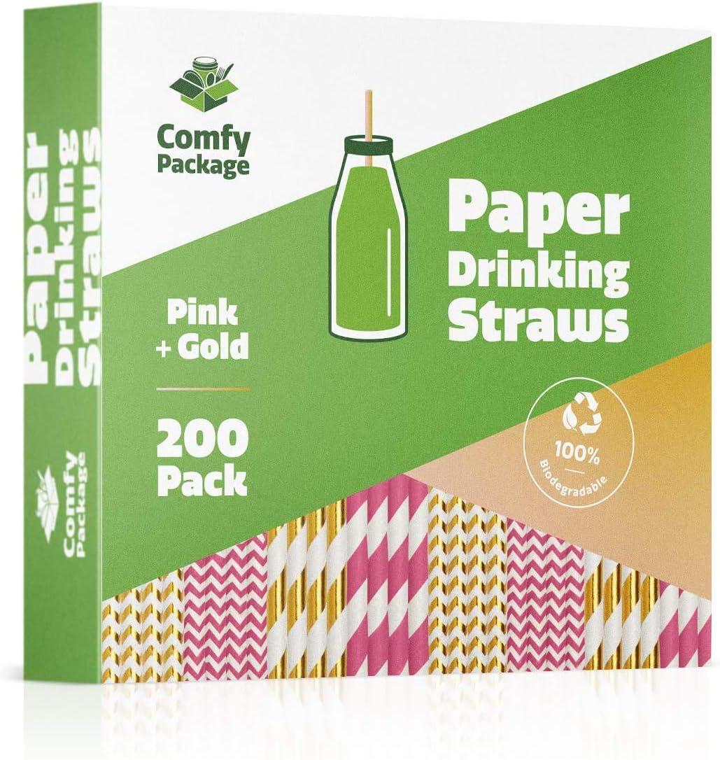 Comfy Package Hot Pink & Gold Biodegradable Straws Disposable Paper Straws, 200-Pack