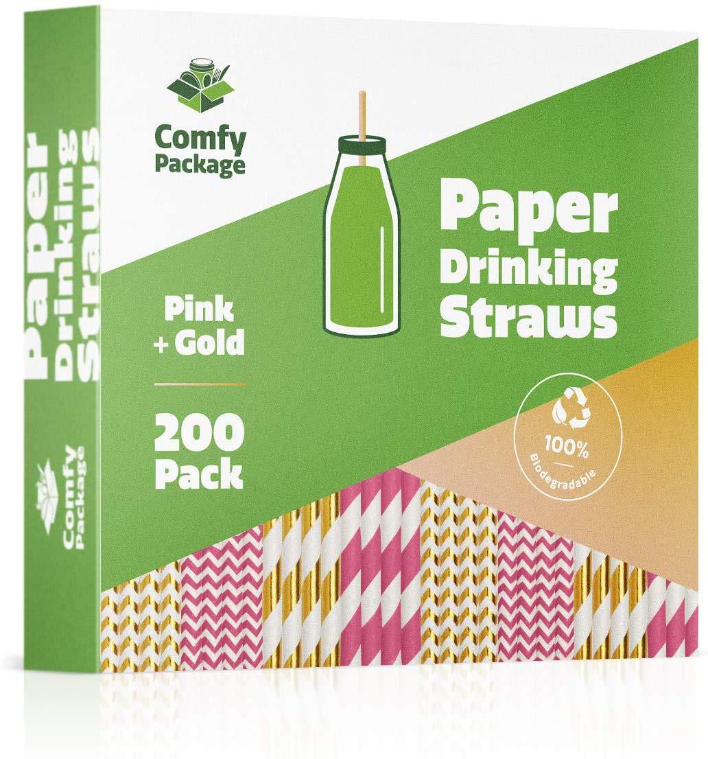 Comfy Package Hot Pink & Gold Biodegradable Straws Disposable Paper Straws, 200-Pack