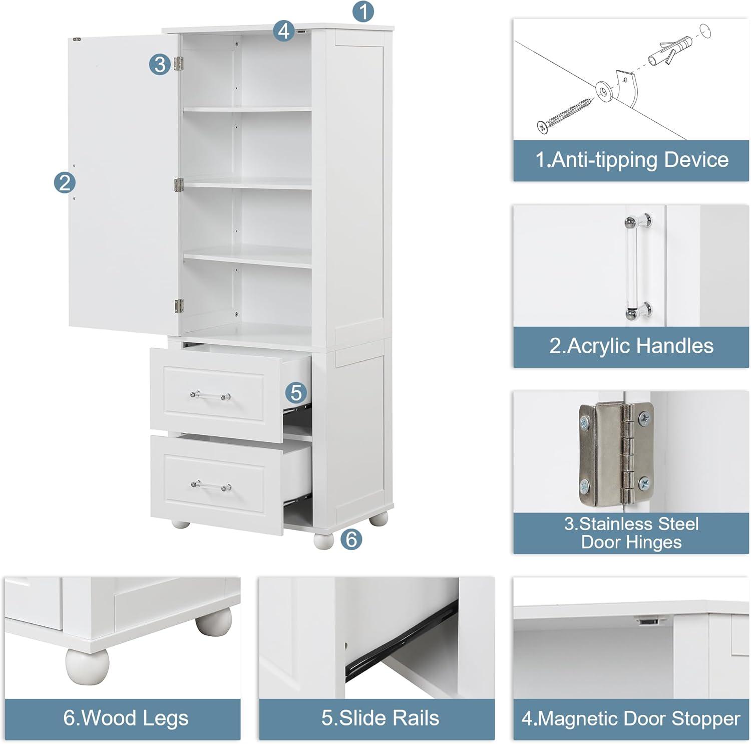 EUROCO 61.4'' Tall Bathroom Storage Cabinet, MDF Board Floor Storage Cabinet with Door, 2 Drawers and Adjustable Shelf, Freestanding Cabinet with Painted Finish for Bathroom, Living Room, White