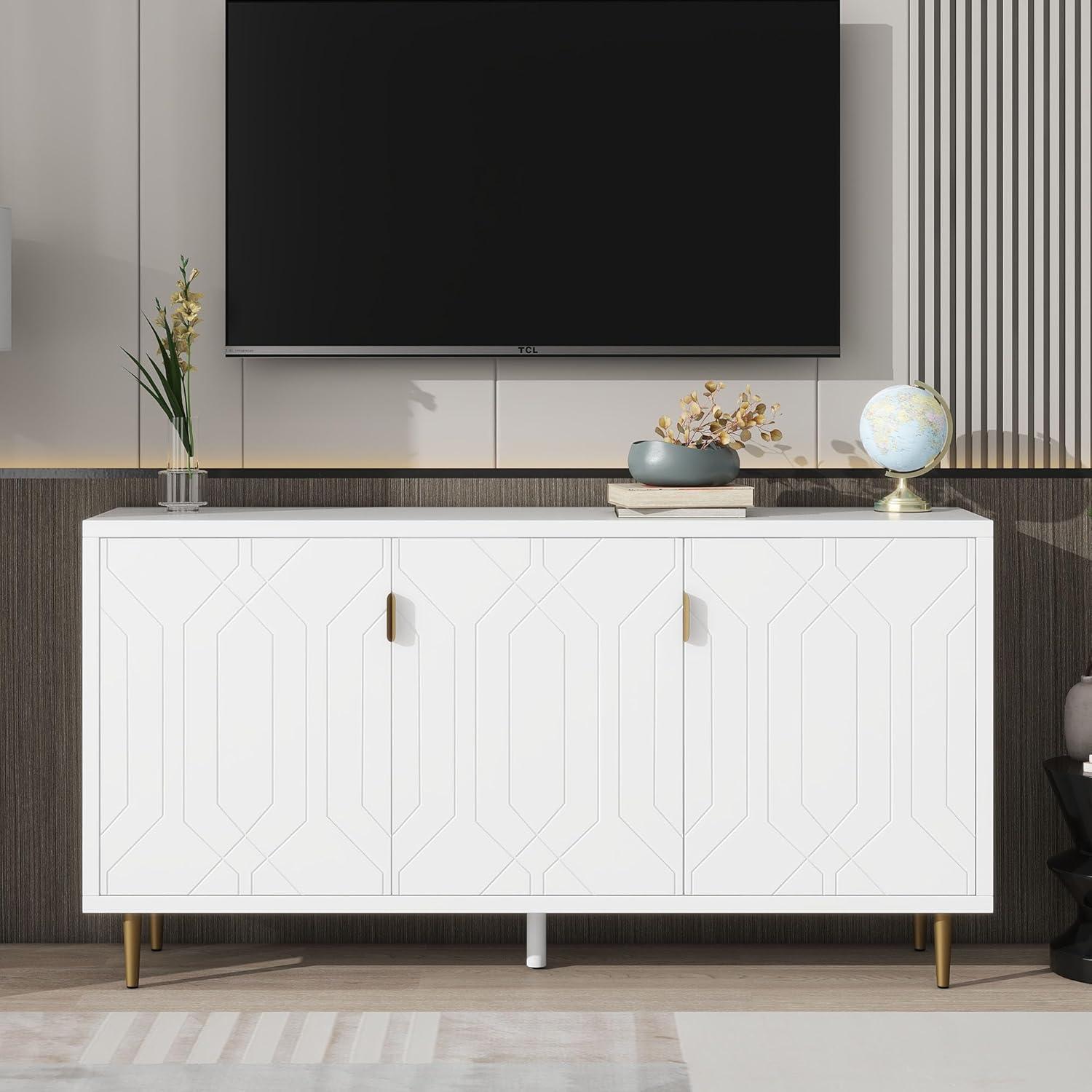 Merax Modern TV Stand Fits TVs up to 70", Television Console with 3 Doors & Adjustable Shelves & Storage Cabinets for Living Room, White