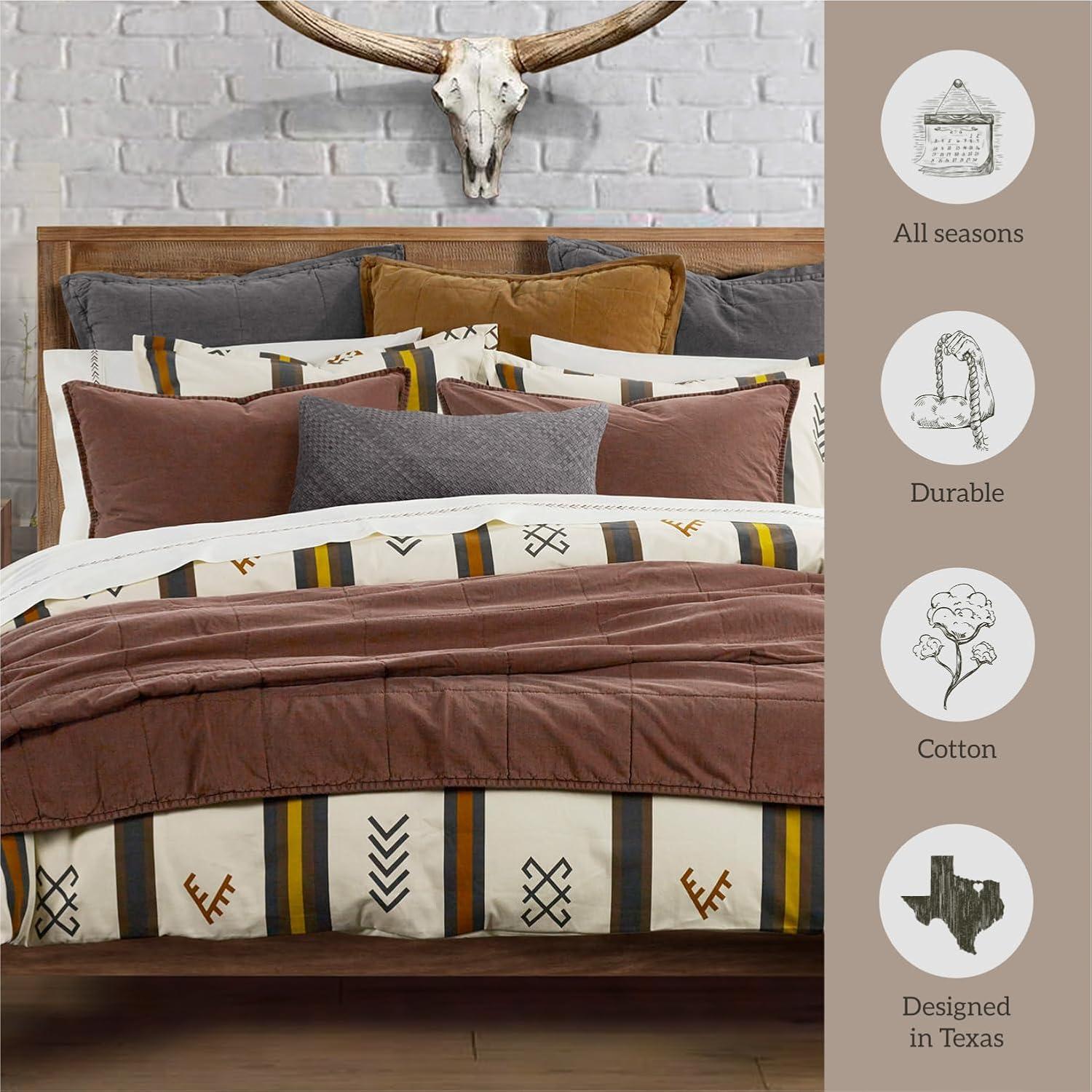HiEnd Accents Toluca Canvas Western Bedding 3 Piece Full Comforter Set, Cattle Brand Symbols Print, Striped Cotton Rustic Cabin Lodge Bed Set, 1 Comforter, 2 Pillow Shams