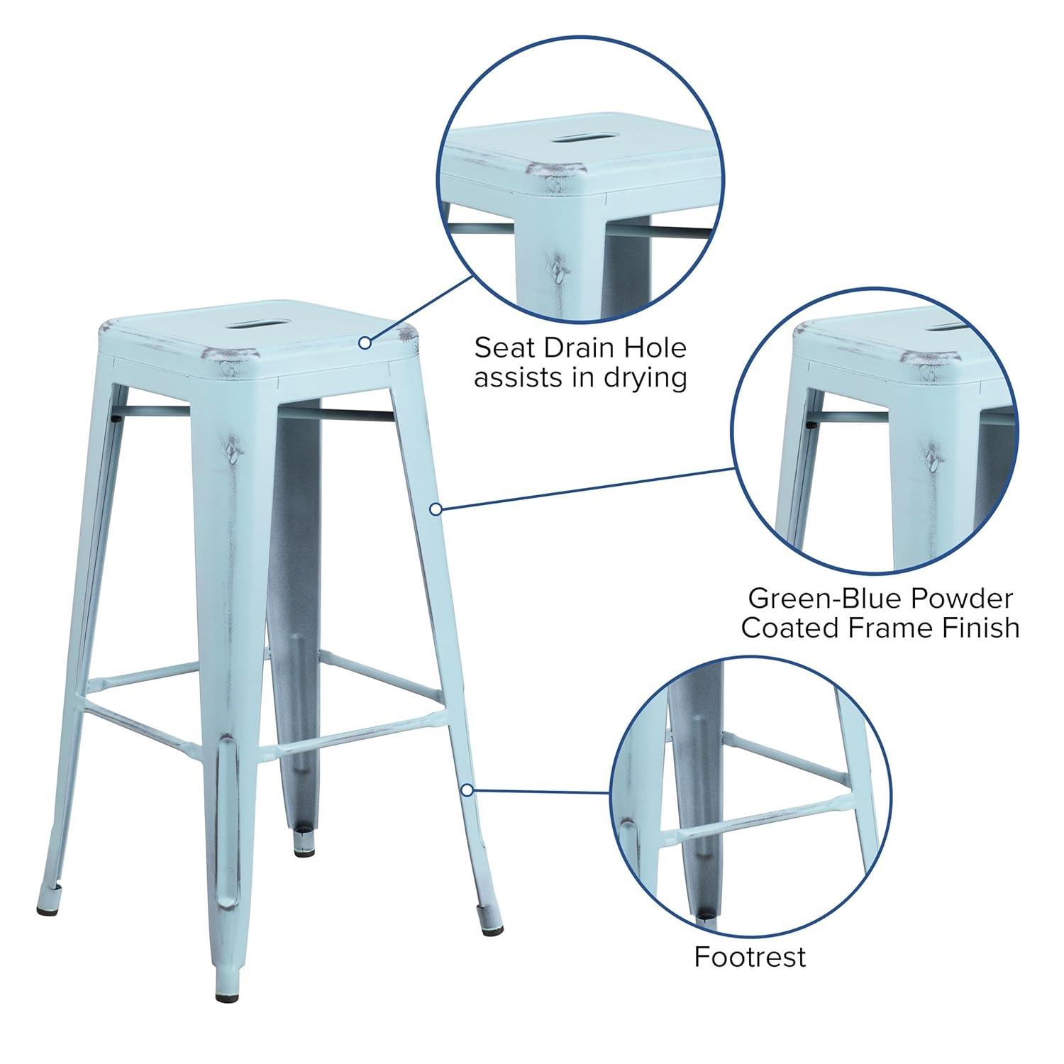 Flash Furniture Commercial Grade 30" High Backless Distressed Green-Blue Metal Indoor-Outdoor Barstool
