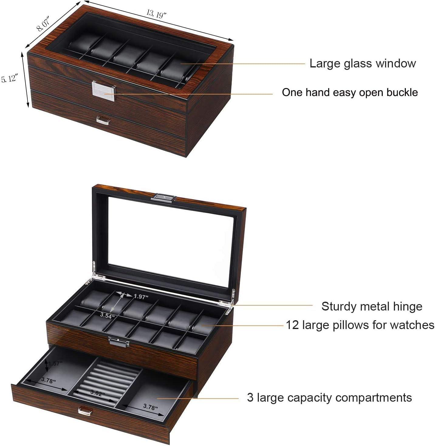 12 Watch Box With Valet Drawer, Luxury Watch Case,Watch Organizer Accessories With Real Glass Top,Metal Hinge, Brown