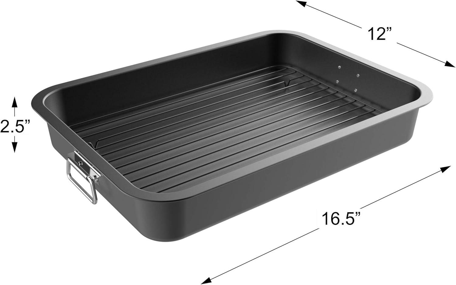 Black Nonstick Rectangular Roasting Pan with Rack and Handles