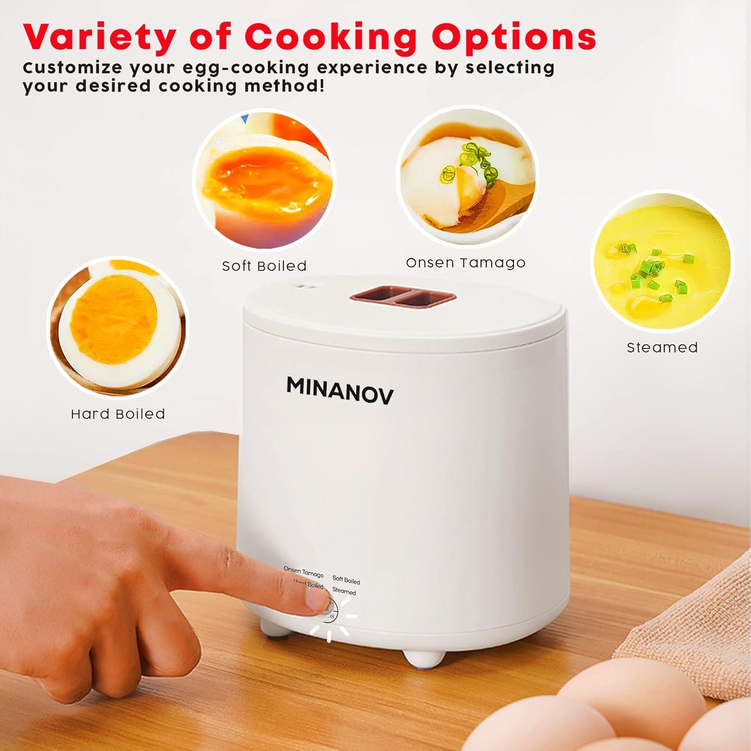 MINANOV Electric egg Cooker - 4 Egg Capacity Rapid Egg Cooker for Hard Boiled, Soft Boiled, Steamed Egg, Onsen Tamago - Smart Cooker for Kitchen, Dorm and Camping with Auto Power-off and Beep Alarm