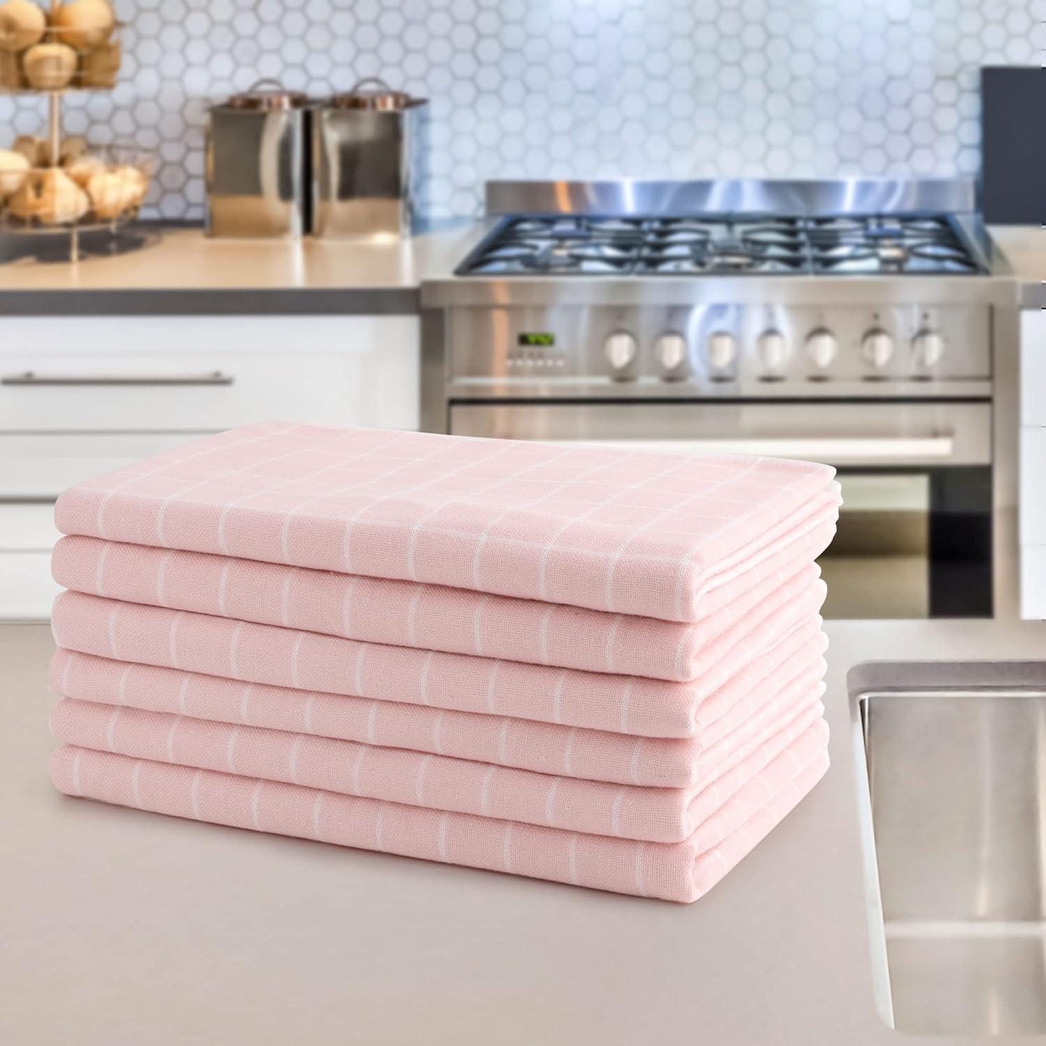 Soft Pink Plaid Cotton Terry Kitchen Towel Set