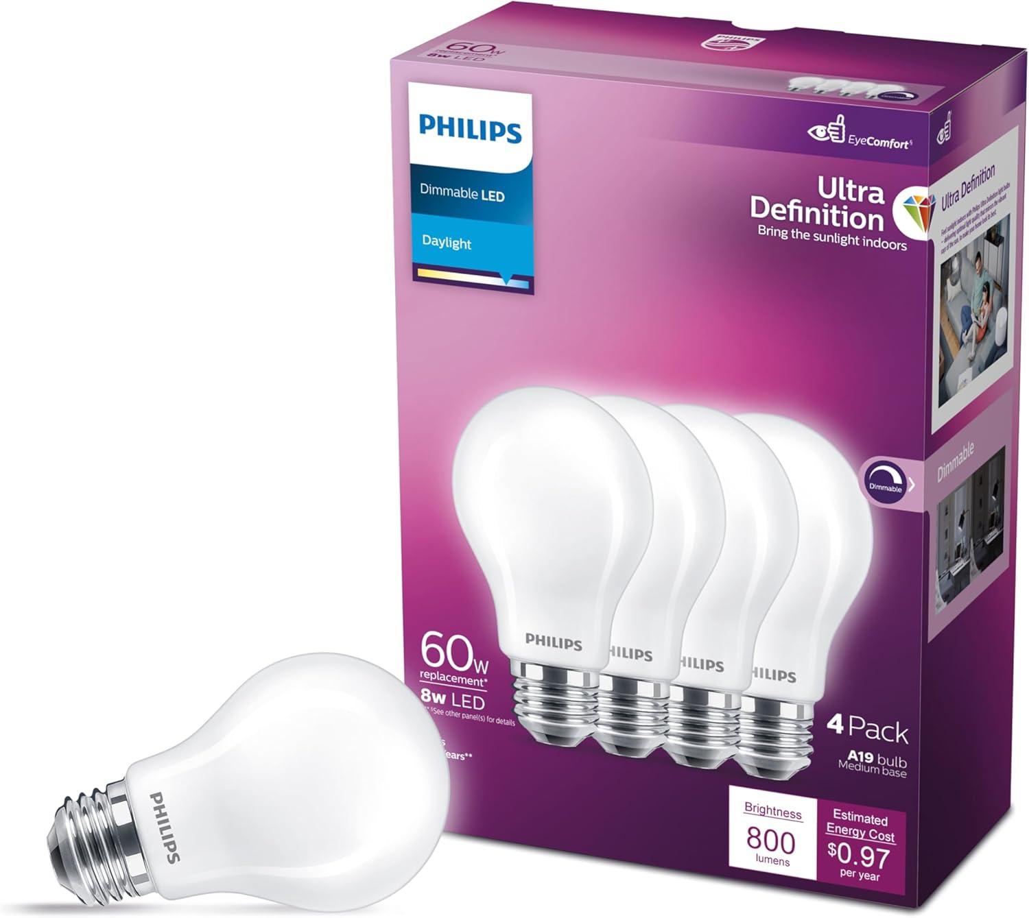Philips UltraDef LED 60W Frosted Daylight A19 4P: Energy Star Certified Dimmable Light Bulbs, 800 Lumens, 13.7-Year Life