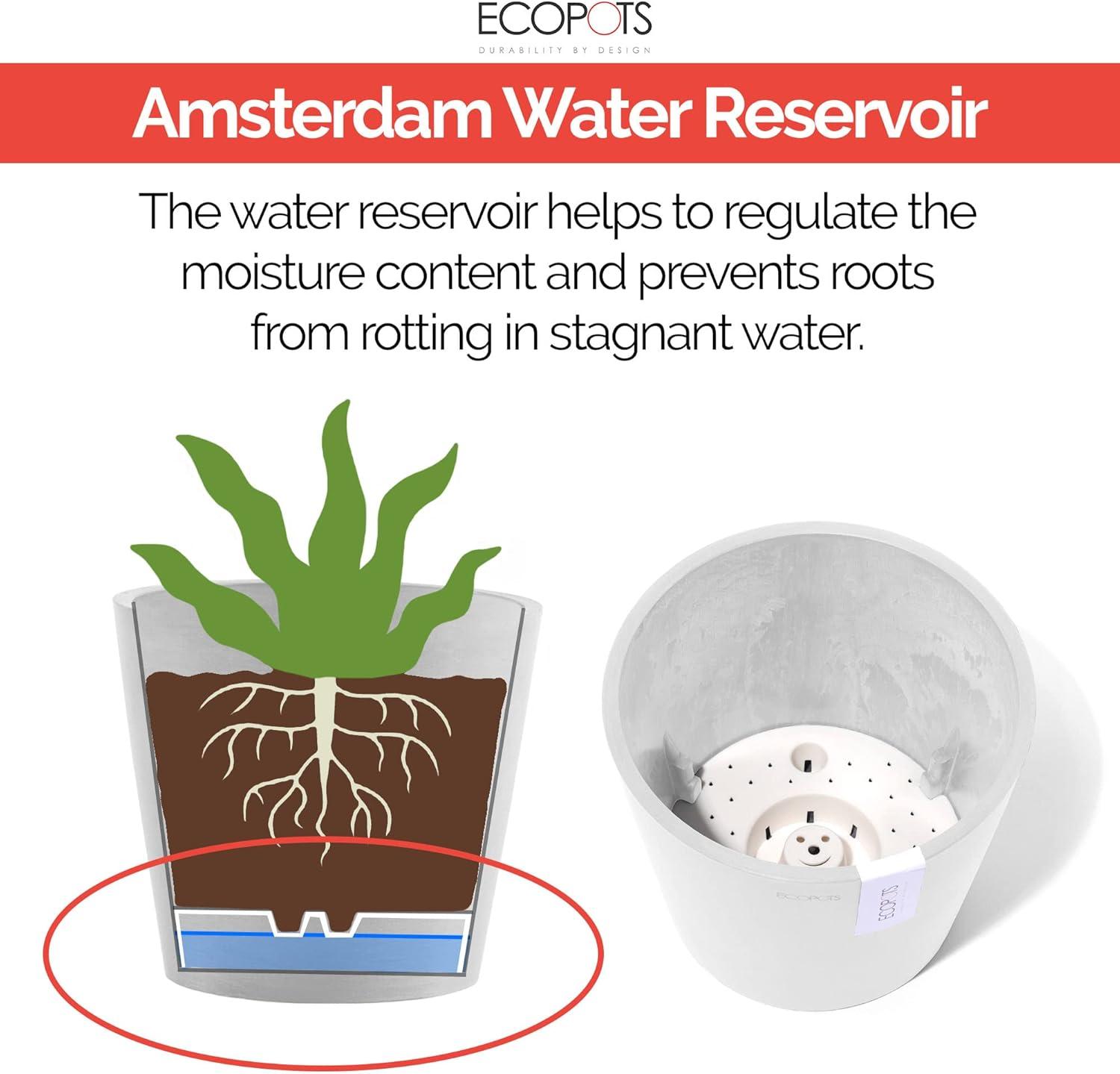 Ecopots Amsterdam Modern Round Recycled Plastic Planter Flower Pot with Water Reservoir