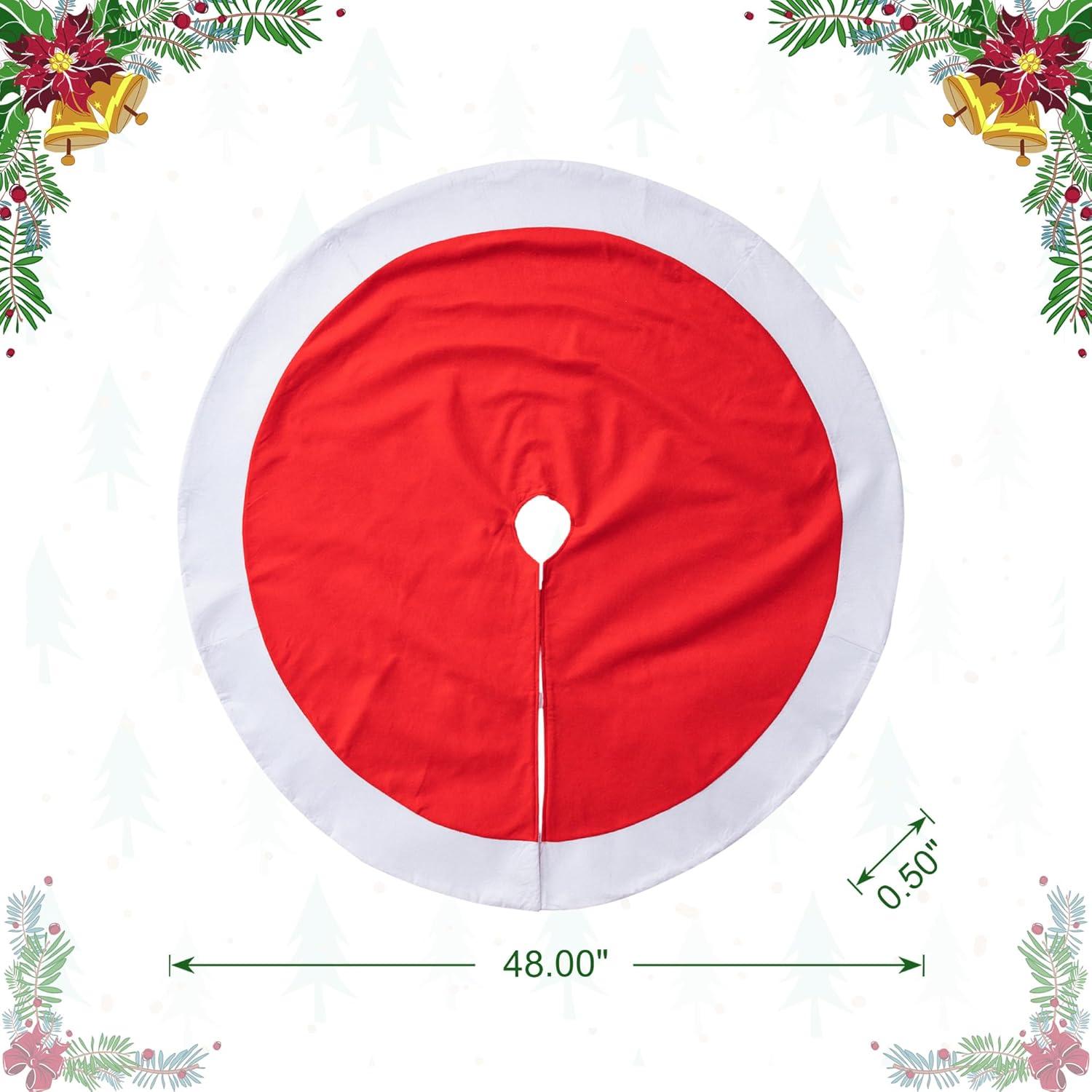 48" Red and White Felt Christmas Tree Skirt with Trim Embellishment