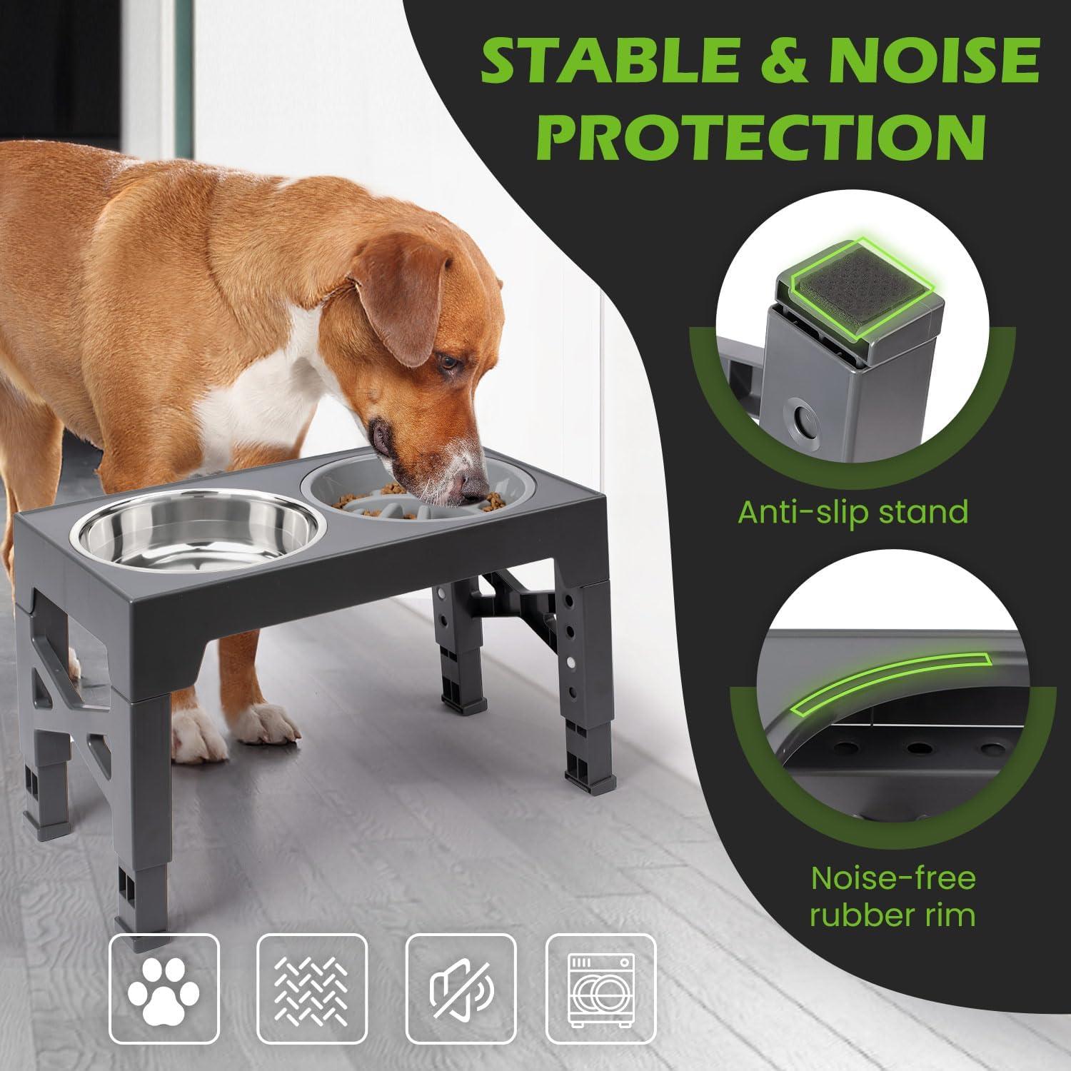 ZALALOVA Elevated Dog Bowls Stand with 2 Stainless Steel Dishes 1 Slow Feeder Dog Bowl, Raised Dog Bowl Adjusts to 5 Heights (3.15",8.9'',10",11.2'',12.4") for Medium and Large Dogs(Gray)