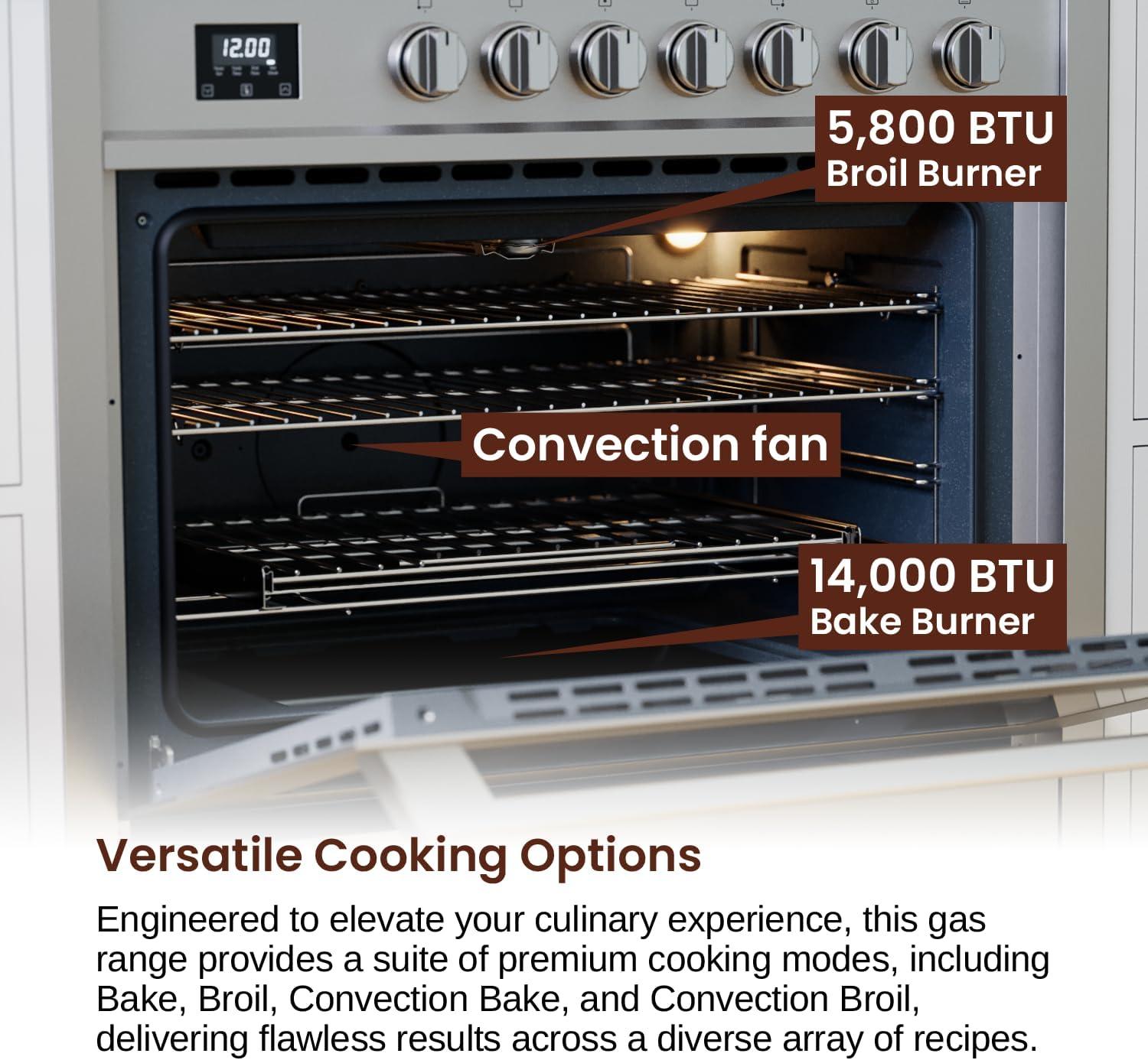 Rangaire RRG361TS 36" Gas Range Oven with Timer - Stainless Steel, Sealed Burners, Convection Fan, Easy Reach Racks