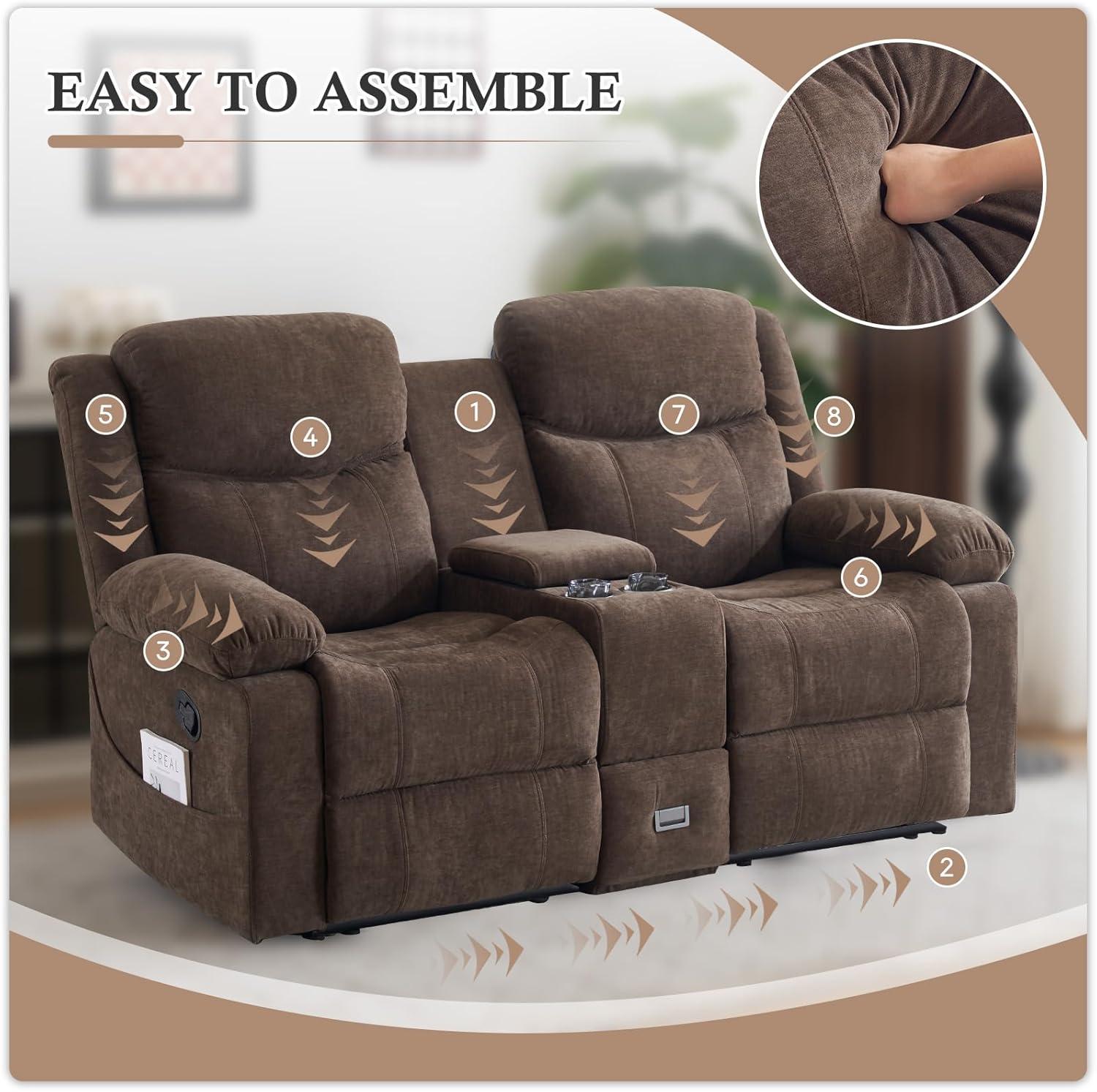 Loveseat Recliner Sofa, Manual Recliner Loveseat with Console, Modern Chenille Sofa Sleeper Deep Couches with Cup Holders and Side Pocket for Living Room/Office/Apartment (Brown)
