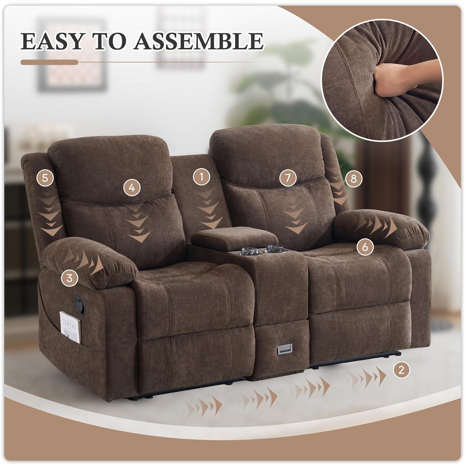 Loveseat Recliner Sofa, Manual Recliner Loveseat with Console, Modern Chenille Sofa Sleeper Deep Couches with Cup Holders and Side Pocket for Living Room/Office/Apartment (Brown)