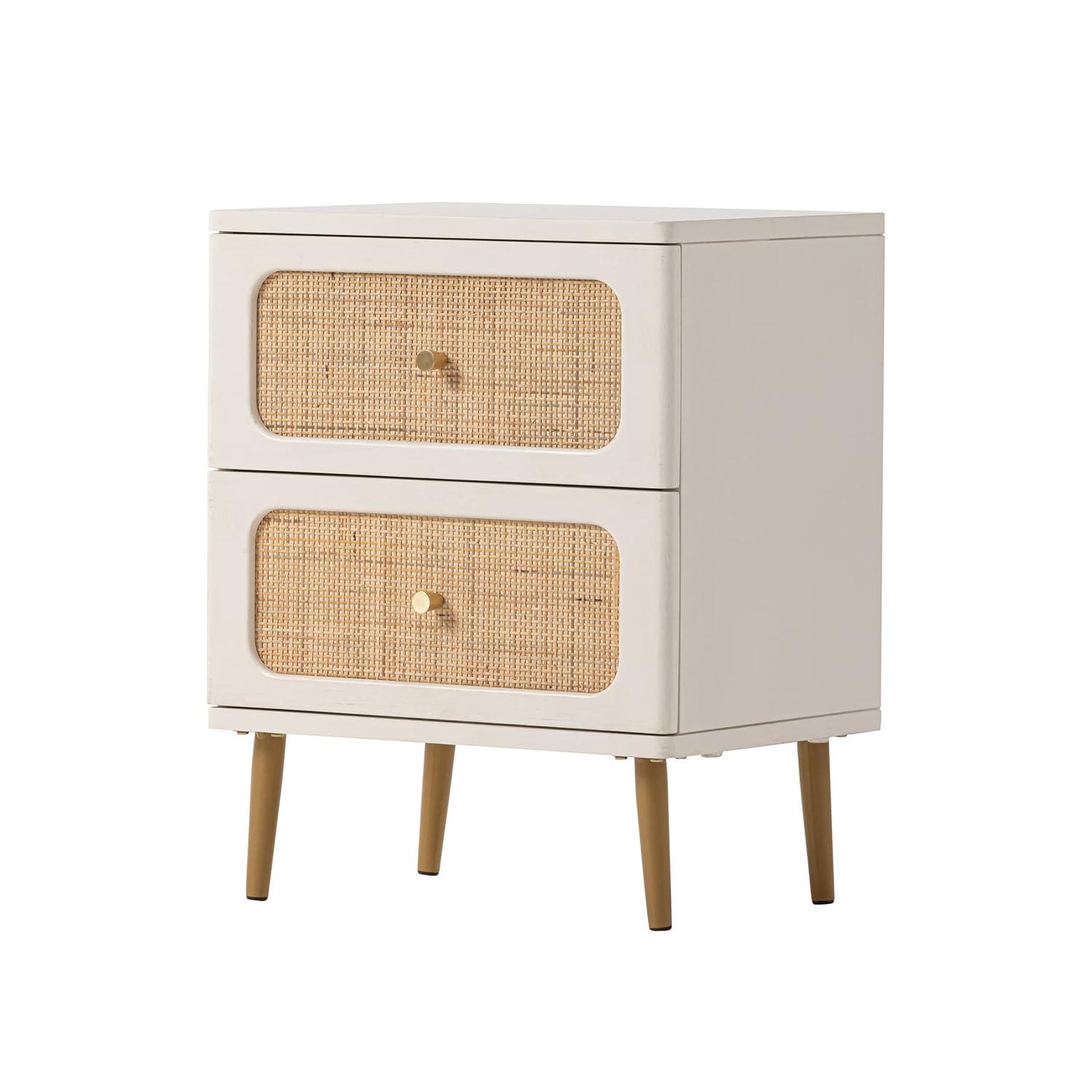Wicker Rattan Nightstand, 2-Drawer End Table White Finish Side Table for Small Spaces, Modern Farmhouse Wooden Bedside Table, Boho Mid-Century Coastal Storage Cabinet
