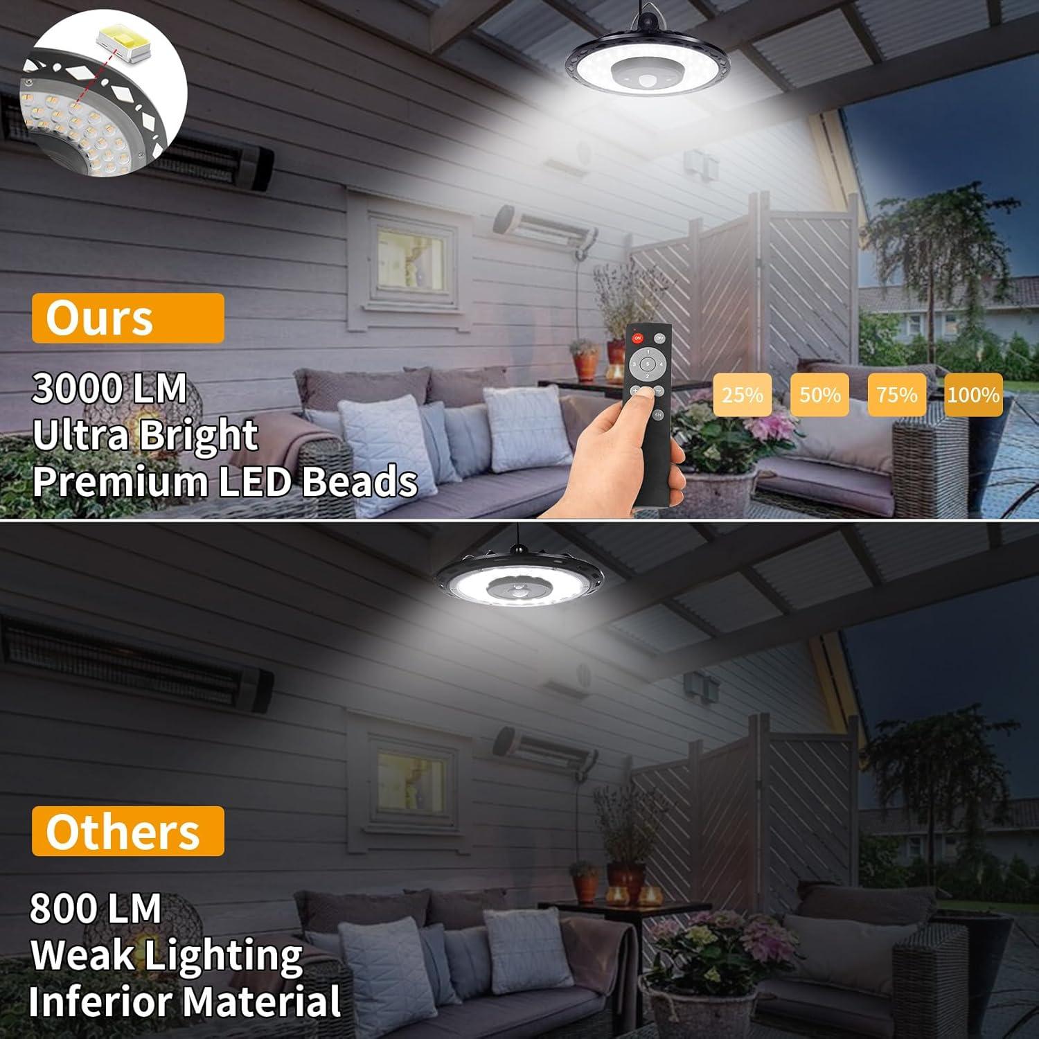 Auzev Solar Lights Indoor Outdoor 3000LM Solar Powered Shed Light with Switch, Remote, Timer, 3 CCT IP65 Waterproof Pendant for Barn Gazebo Garage Shop Interior Home, Daytime Available