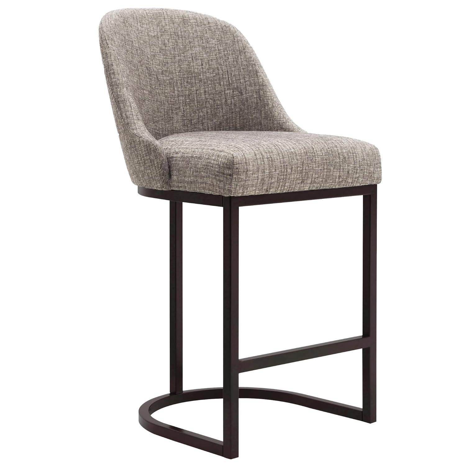 Leick Home Set of 2 Barrelback Counter Height Barstool with Metal Base Espresso/Gray Linen: Upholstered, Steel Legs, Modern Style