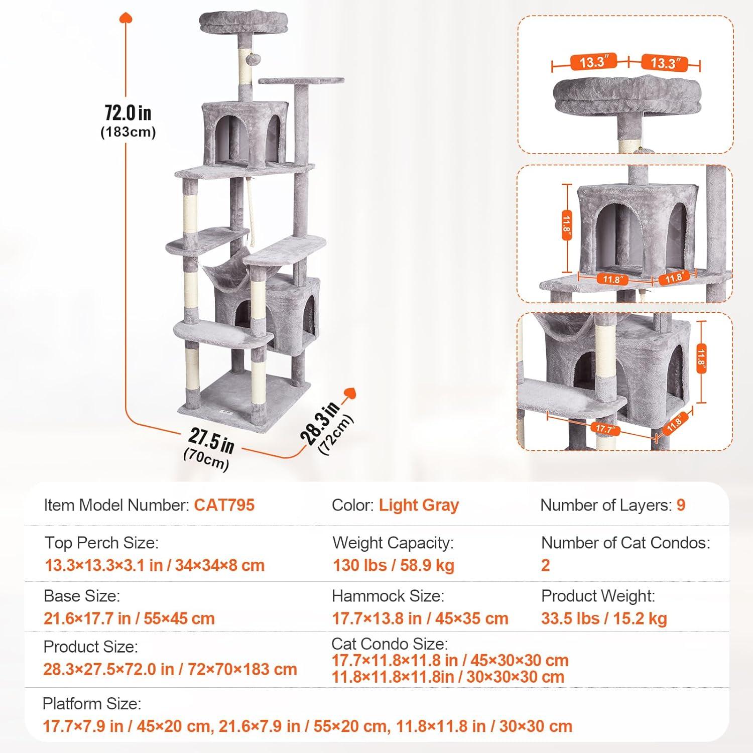 Light Grey 72" Cat Tower with Sisal Scratching Posts and Condos