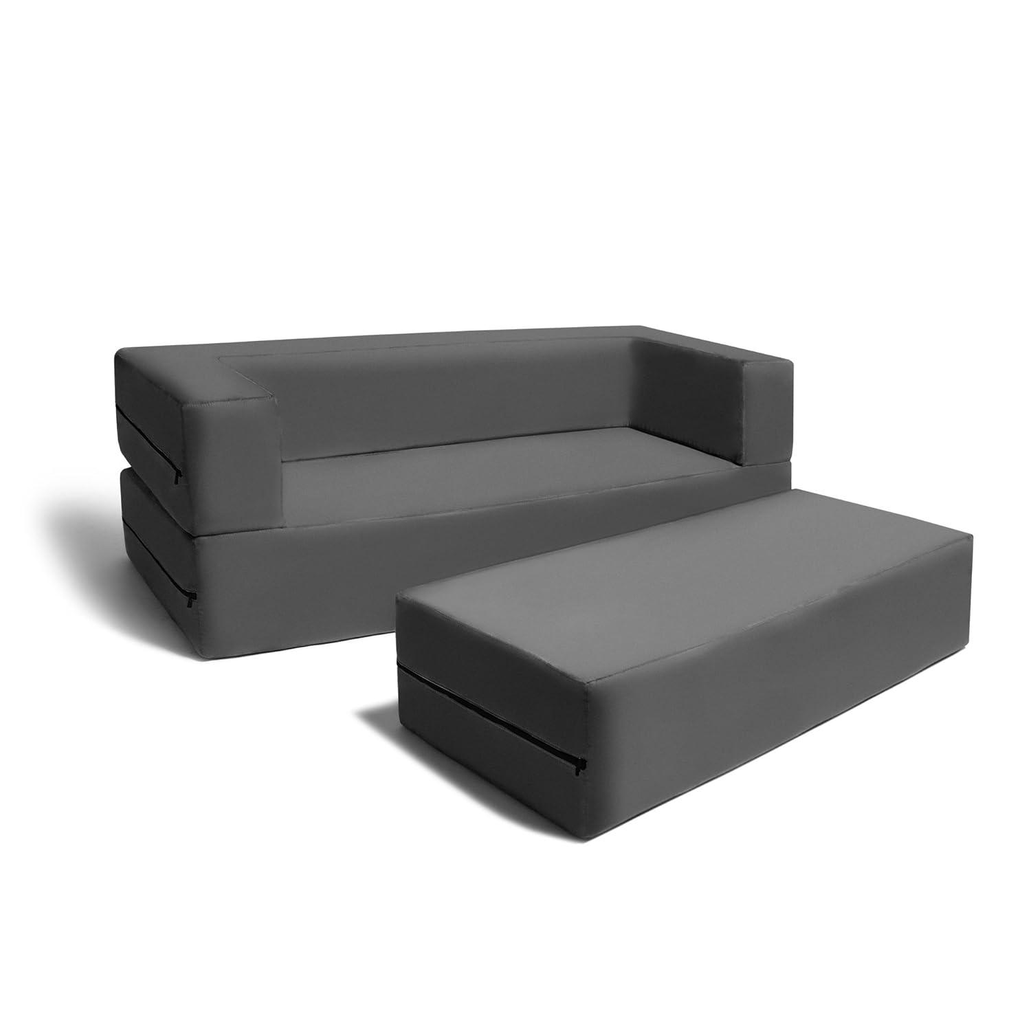Jaxx Zipline Kids Sofa & Large Ottoman, 3 in 1 Fold Out Sofa, Big Kids Edition, Charcoal