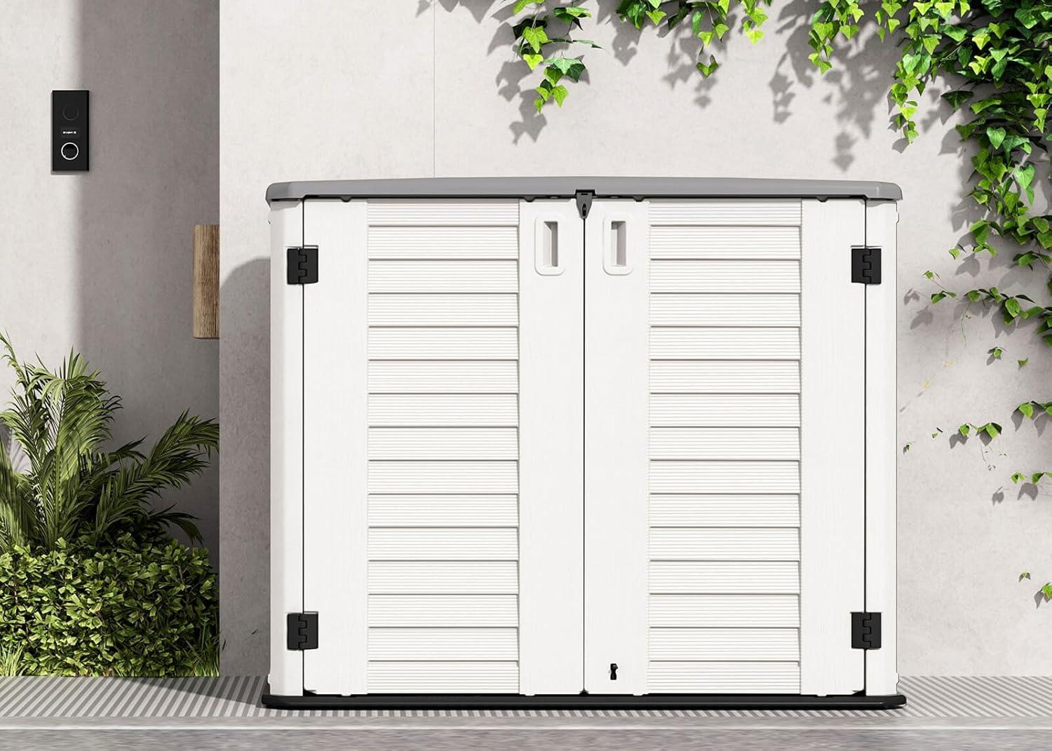 White HDPE Resin Outdoor Storage Shed with Shelving