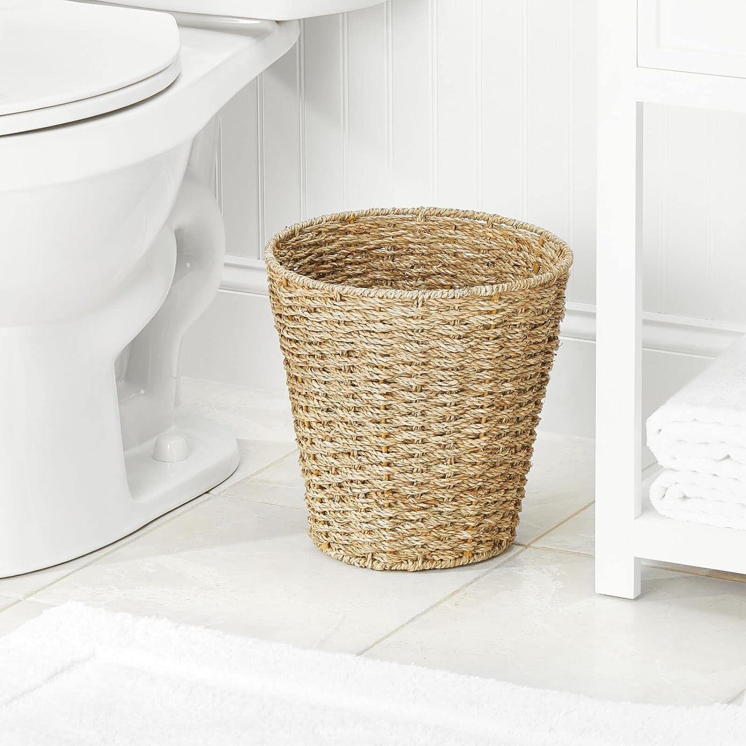 mDesign Seagrass Round Woven Garbage Wastebasket Trash Can, Natural