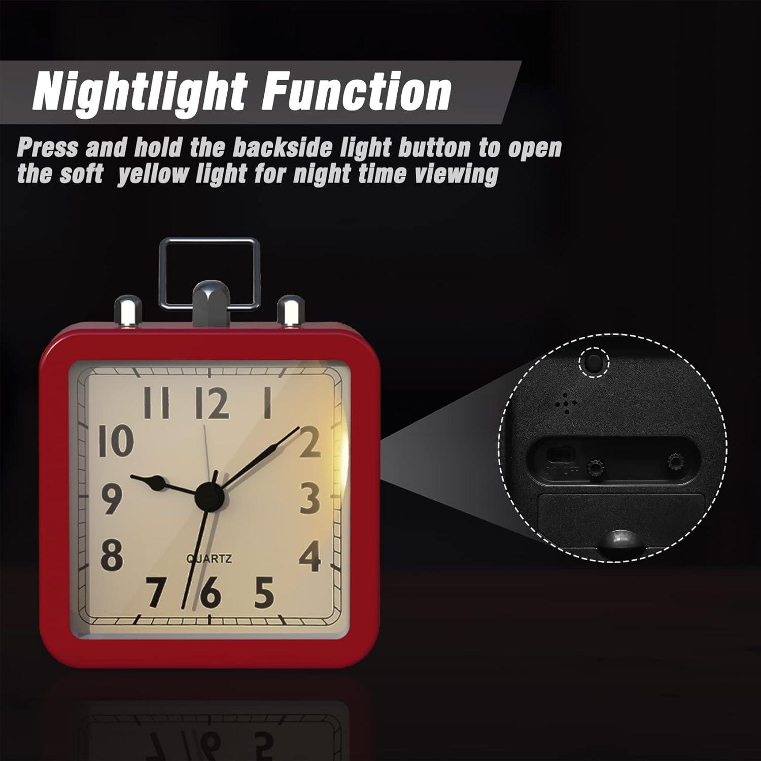 Alarm Clock with Square Metal Case, Non Ticking Battery Operated Small Square Clock for Bedside Desk Table Living Room