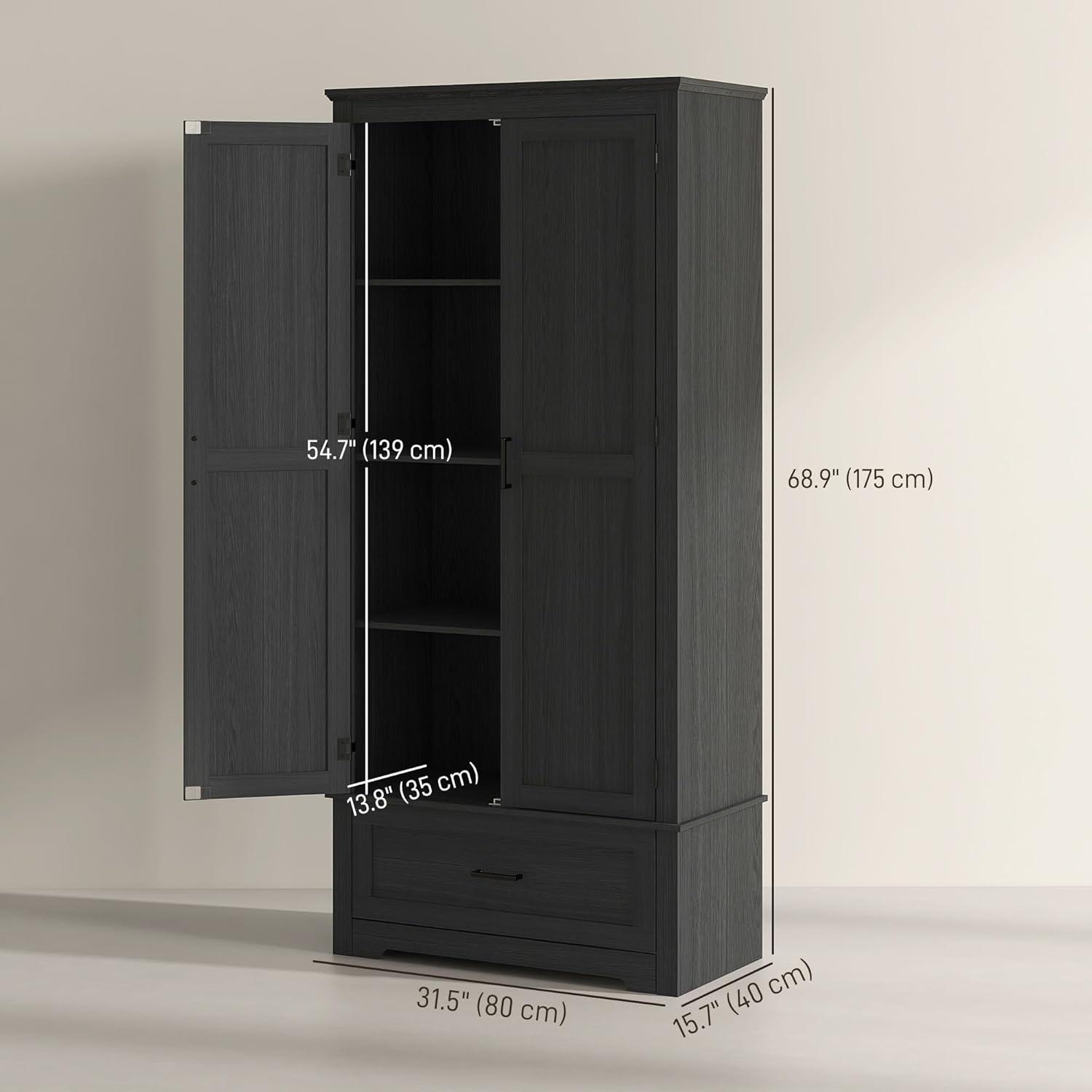 HOMCOM 69" Tall Farmhouse Kitchen Pantry Storage Cabinet with Drawer and Adjustable Shelves, Black