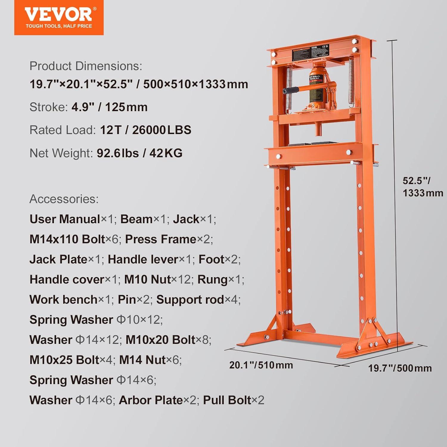 BENTISM Hydraulic Shop Press 12 Ton H-Frame Benchtop Garage Floor Press with Heavy Steel Plates Adjustable Workbench