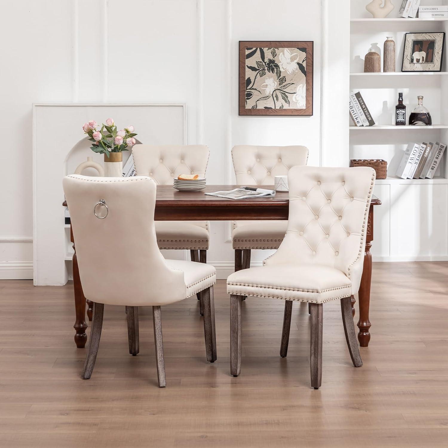 SoarFlash Velvet Dining Chairs Set of 4, Tall Back Side Chair, Modern Upholstered High-end Tufted Side Chair with Button Back Ring, Solid Wood Legs (Beige)