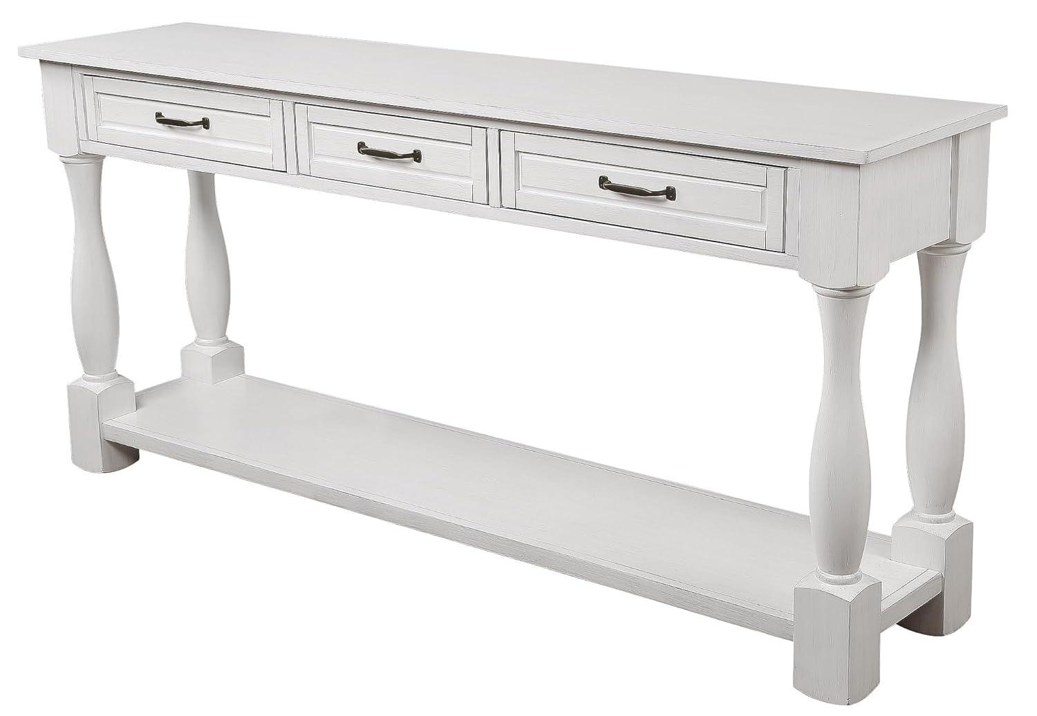 Merax Solid Wood Sofa Table with 3 Storage Drawers, 63 Inch Long Wood Console Table with Bottom Shelf, Retro Entryway Table for Living Room Hallway, Antique White