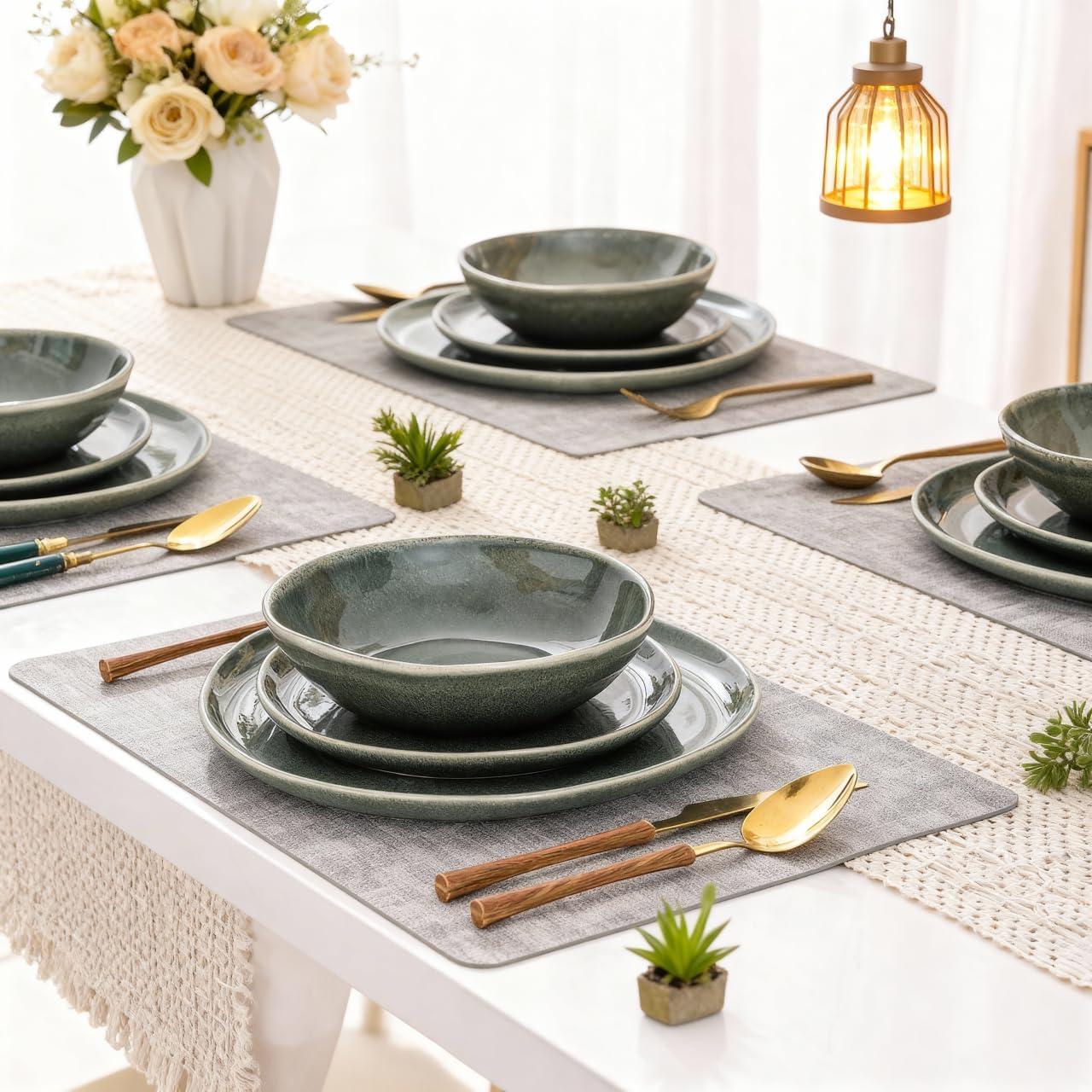 Olive Green and White Ceramic Dinnerware Set for 4