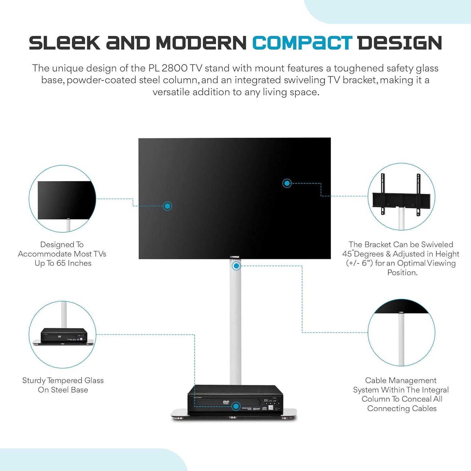 SONOROUS TV Stand PL2800 WHT for Up to 65 Inches TV - Floor Stand TV Bracket for LCD, LED & Flat Screen - Fixed TV Stand with Tempered Glass Base, 45 Degree Swivel & Wire Management - White