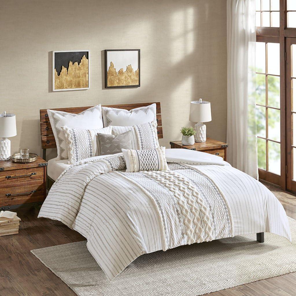 INK+IVY King/Cal King Imani 3-Piece Cotton Printed Comforter Set with Chenille, Ivory