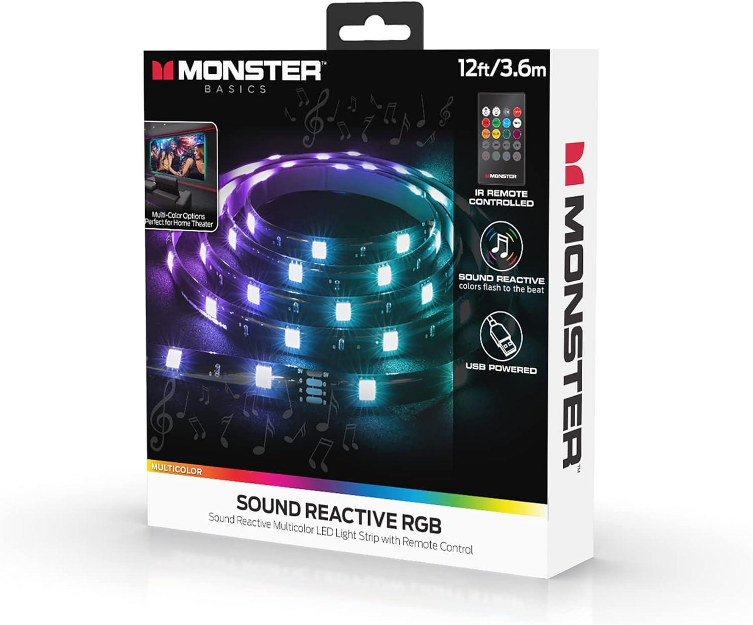 Monster 12ft Multi-Color Sound Reactive LED Light Strip with Remote Control, Indoor
