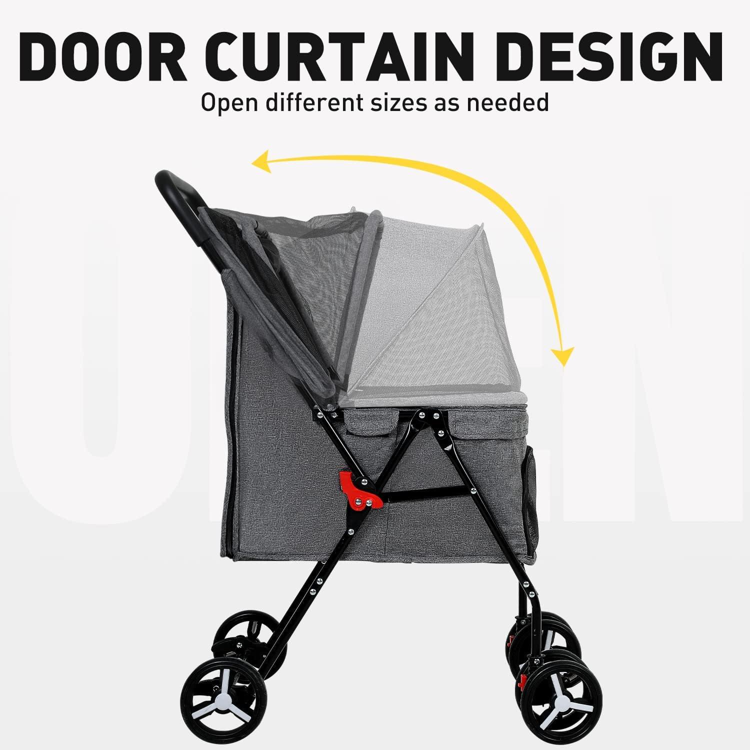 Grey Foldable Pet Stroller with Mesh Windows