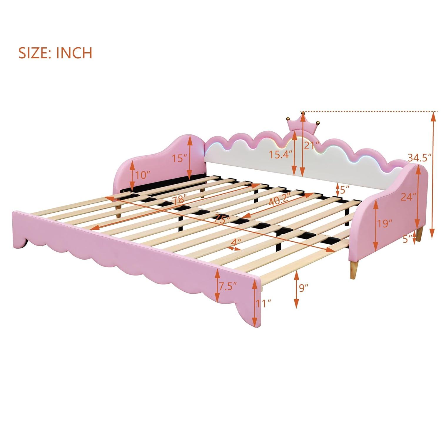 Twin Extending Daybed with LED Lights, Modern Upholstered Princess Daybed