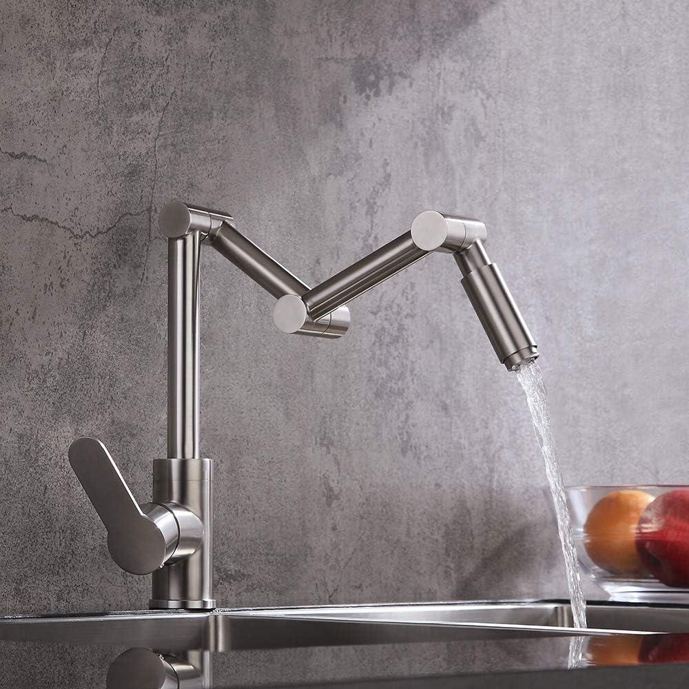 Pot Filler Faucet Deck Mounted, Rotate Folding Kitchen Sink Faucet 304 Stainless Steel, Single Handle One Hole Hot and Cold Water Mixer Tap, Brushed Nickel Kitchen Sink Faucets