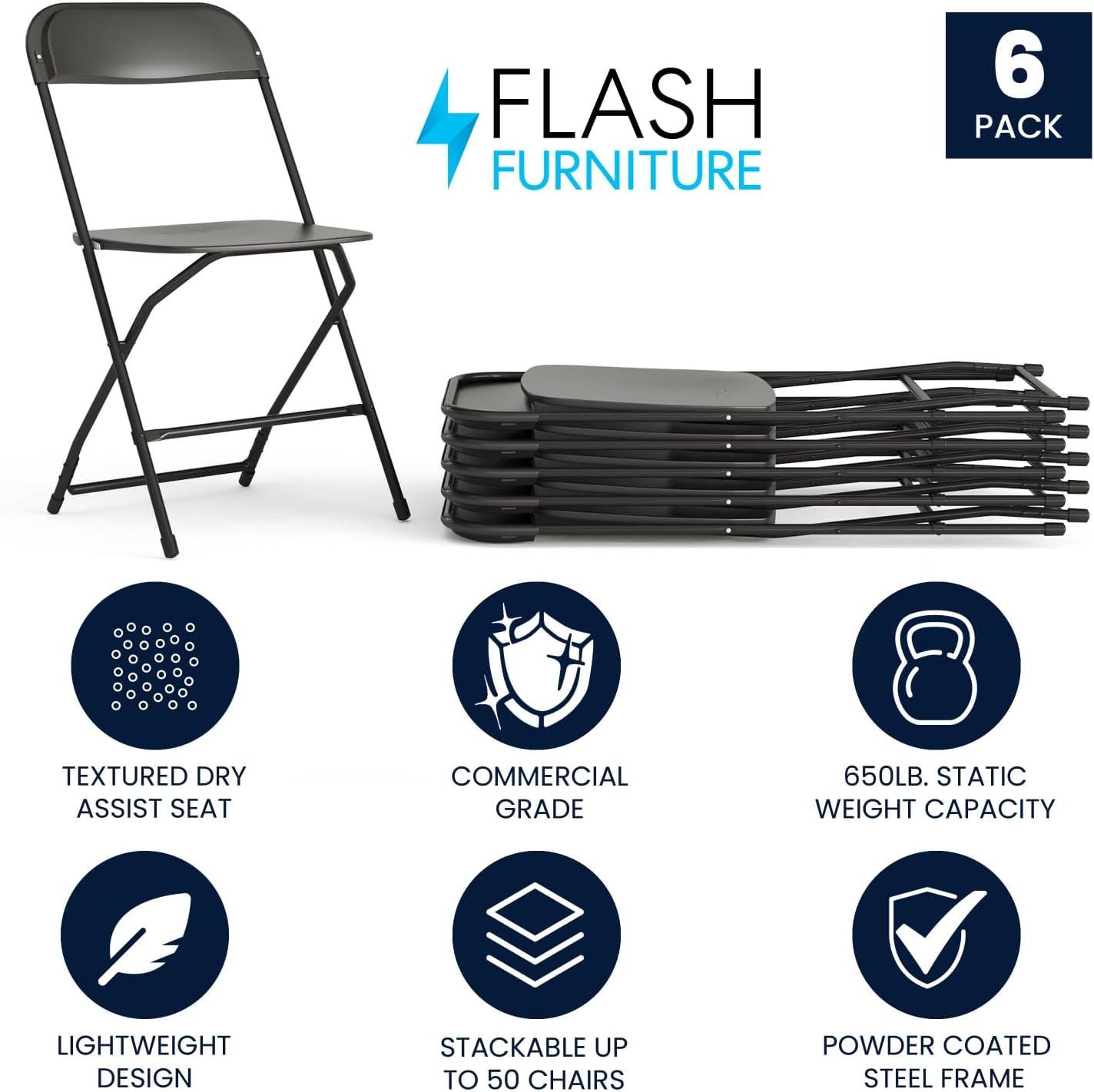 Flash Furniture Hercules Series Plastic Folding Chair Black - 6 Pack 650LB Weight Capacity Comfortable Event Chair-Lightweight Folding Chair