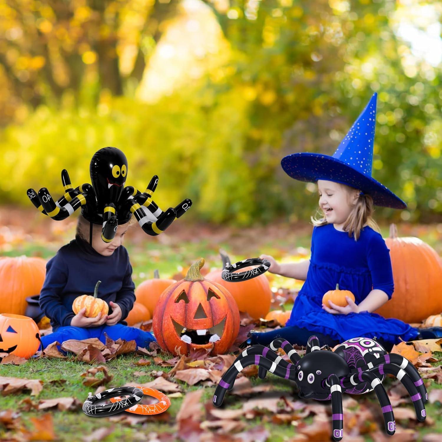 Max Fun Halloween Ring Toss Games for Kids, 2 Pack Inflatable Spiders Set Halloween Party Favor Supplies Holiday Carnival School Decoration Outdoor Indoor Spooky Creepy Game