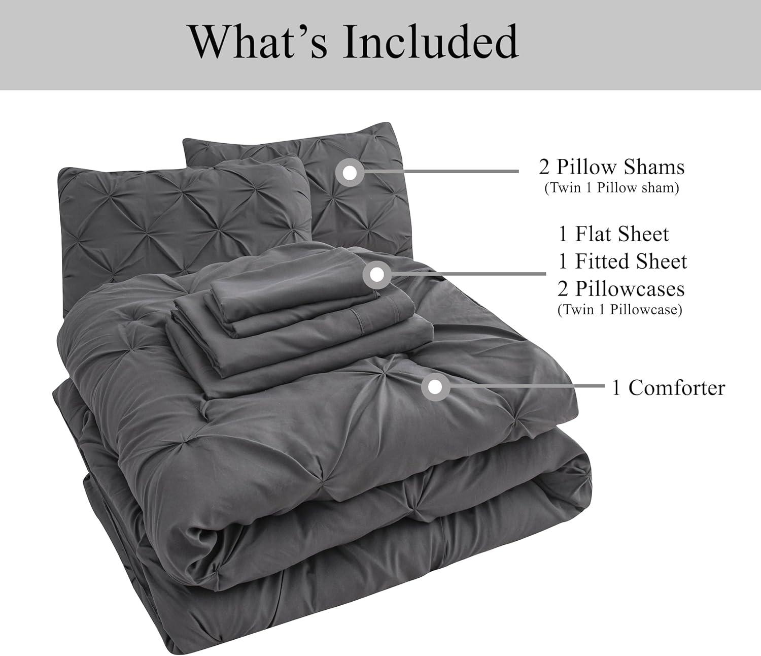 King Size Comforter Set - Bedding Set King 7 Pieces, Pintuck Bed in a Bag Grey Bed Set with Comforter, Sheets, Pillowcases & Shams