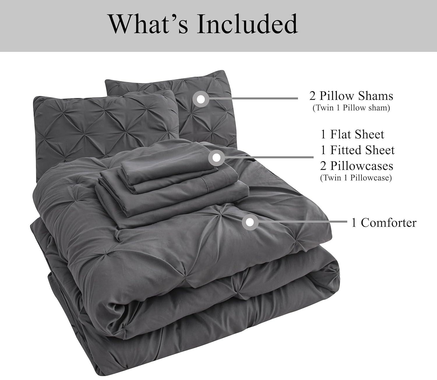 King Size Comforter Set - Bedding Set King 7 Pieces, Pintuck Bed in a Bag Grey Bed Set with Comforter, Sheets, Pillowcases & Shams