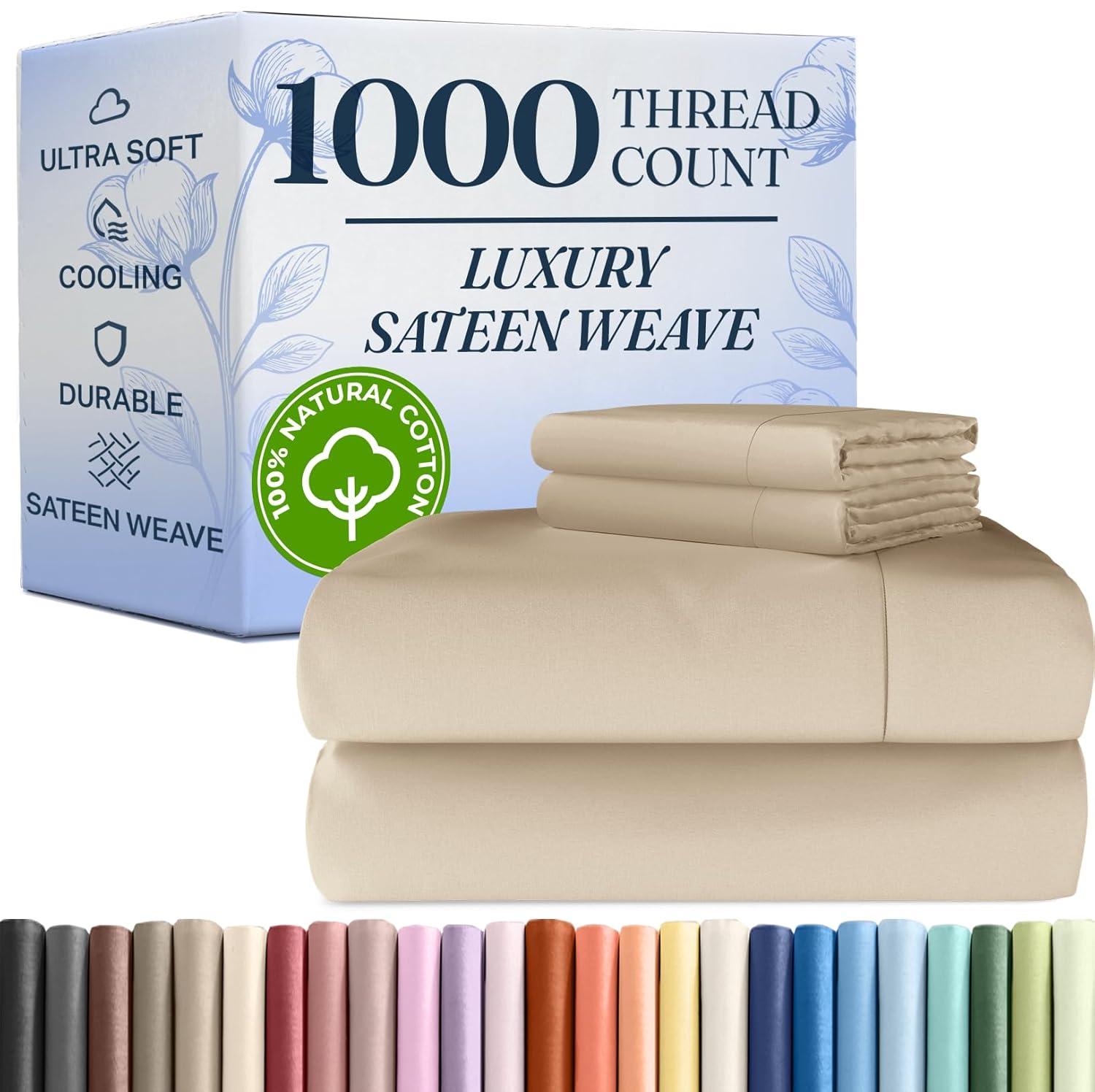CGK Linens Luxury 1000 Thread Count 4 Piece Sheet Set - Soft & Premium 100% Cotton Sateen in Cream, Size Full