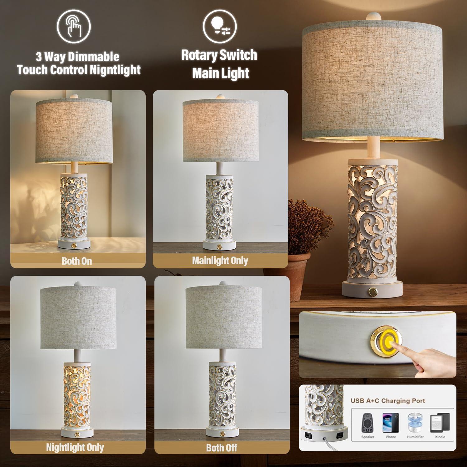 3-Way Dimmable 22'' Table Lamp Set Of 2 For Living Room Bedroom Farmhouse Vintage Retro Bedside Lamps Touch Control With USB Ports Linen Shade For Home Office (Wash, Bulb Included)