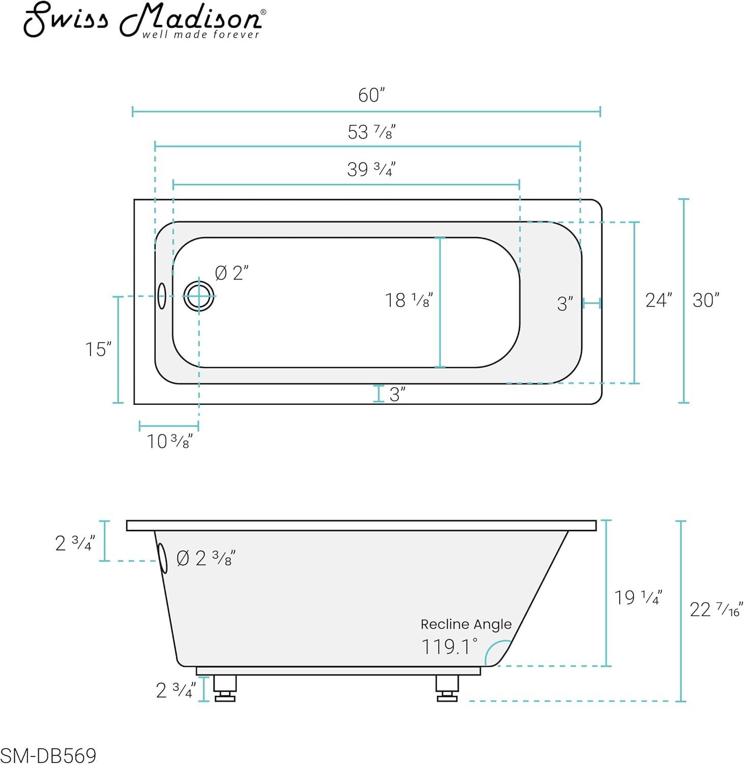 Voltaire 60" x 30" Reversible Drain Drop-In Bathtub