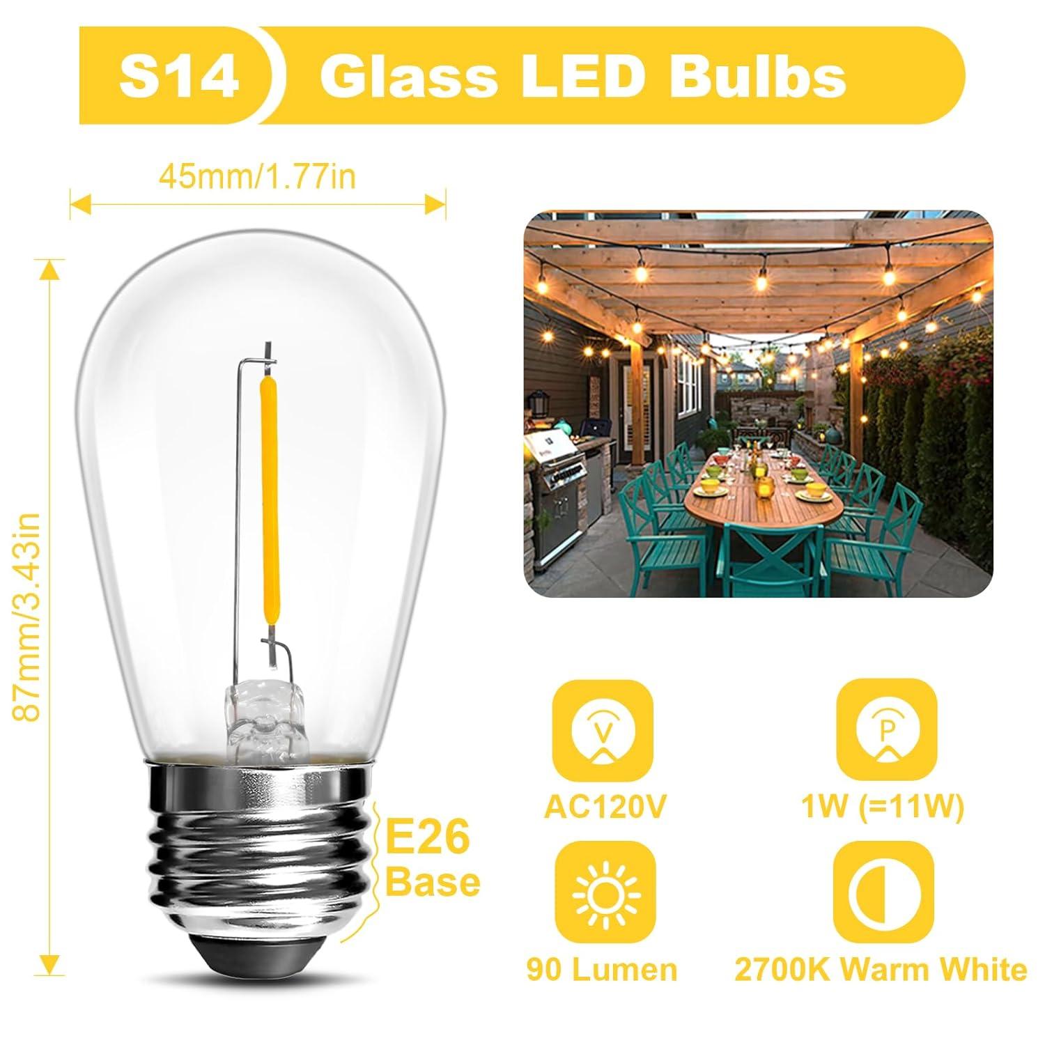 Svater Replacement Bulbs for Outdoor String Lights, 15 Pack S14 LED Bulbs for Patio, E26 Base 1W Bulb Equal to 11W Incandescent, Dimmable,Shatterproof 2700K Warm White