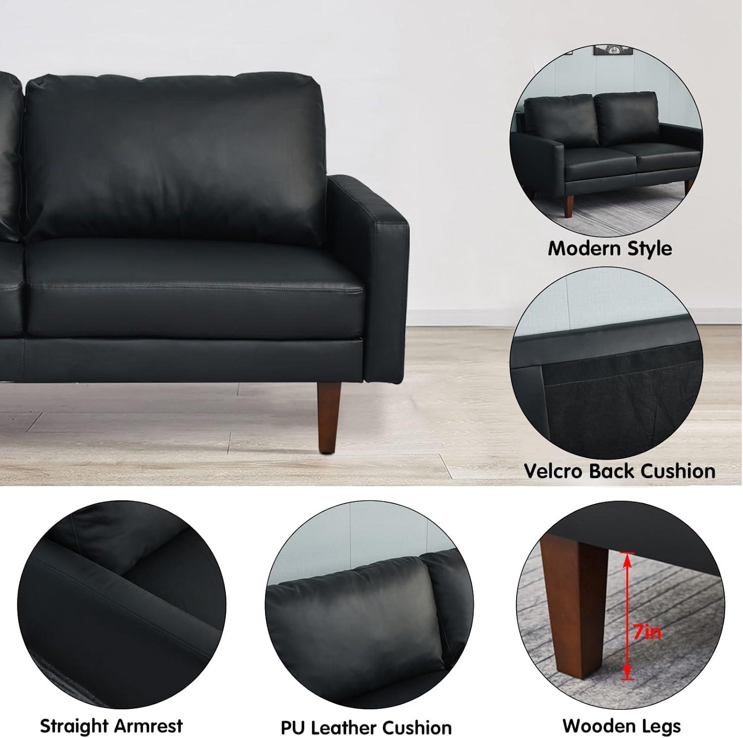 Hybition Faux Leather Sofa Mid-Century Modern Couch for Living Room/Office-Black