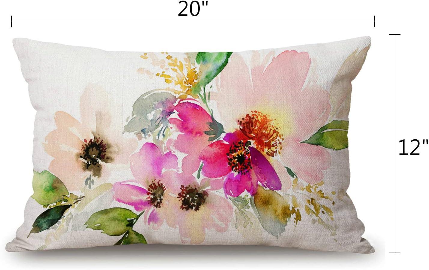 12x20 Inches Pillow Covers Rustic Farmhouse Decor Beautiful Watercolor Flower Pillowcases Cotton Linen Pink Floral Throw Pillow Case Cushion Cover for Sofa Couch Bedroom