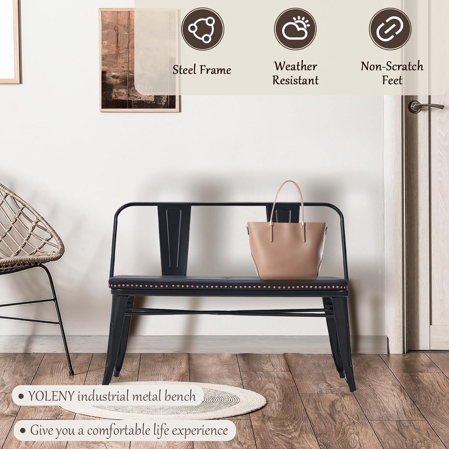 YOLENY Dining Bench, Entryway Bench with Back, Farmhouse Metal Dining Bench, Industrial Mid-Century 3 Person Rustic Spindle Bench, with Leather Seat, Removable Backrest, 42in, Black